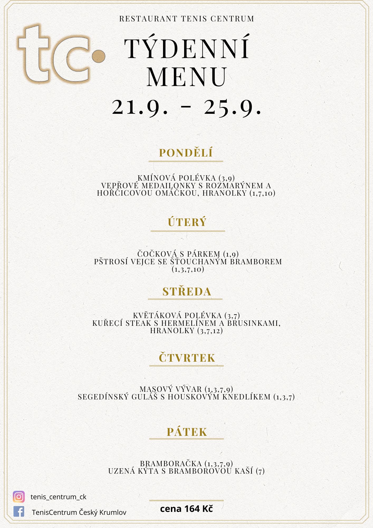 T&yacute;denn&iacute; menu Restaurace TenisCentrum
