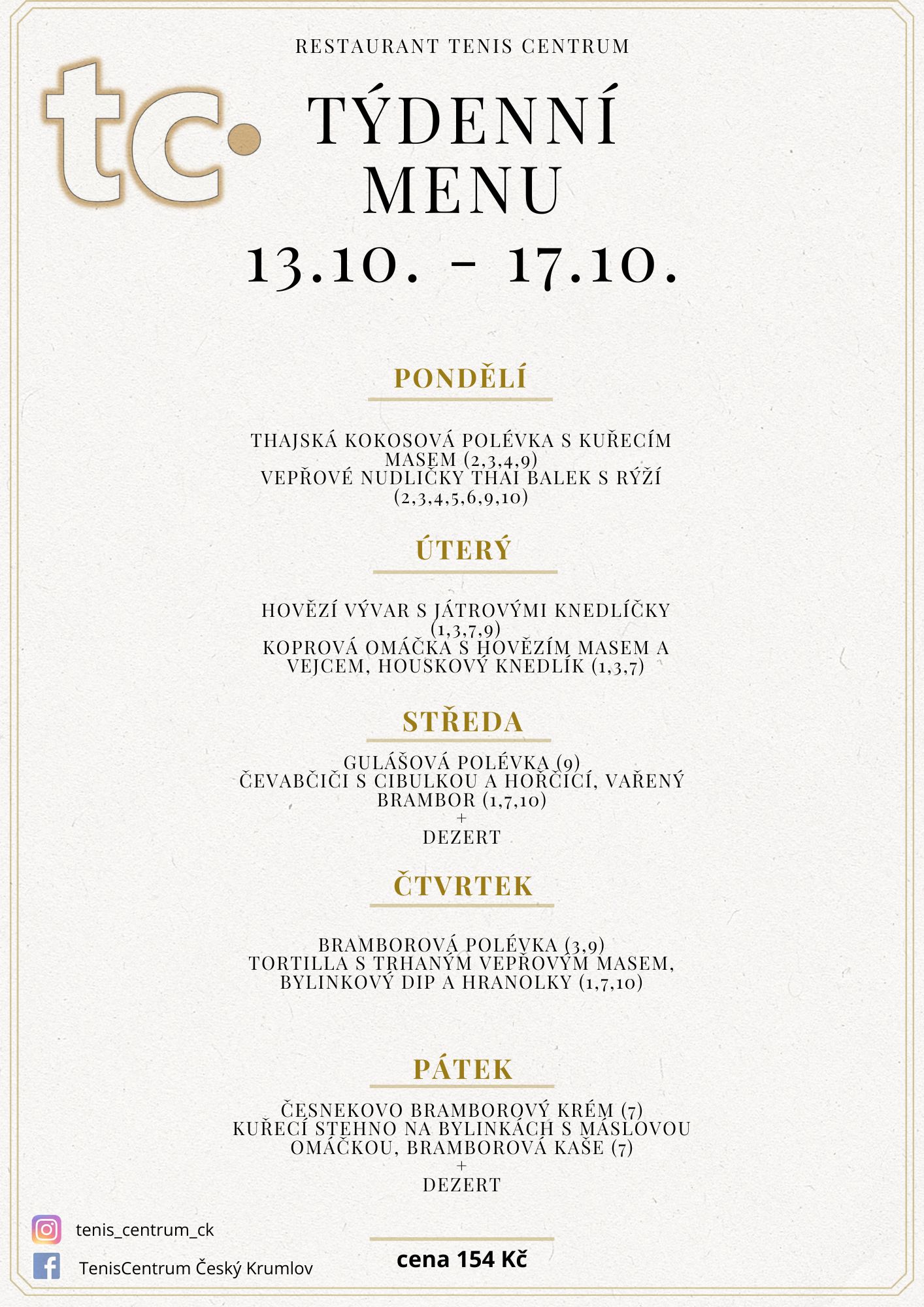 Týdenní menu Restaurace TenisCentrum