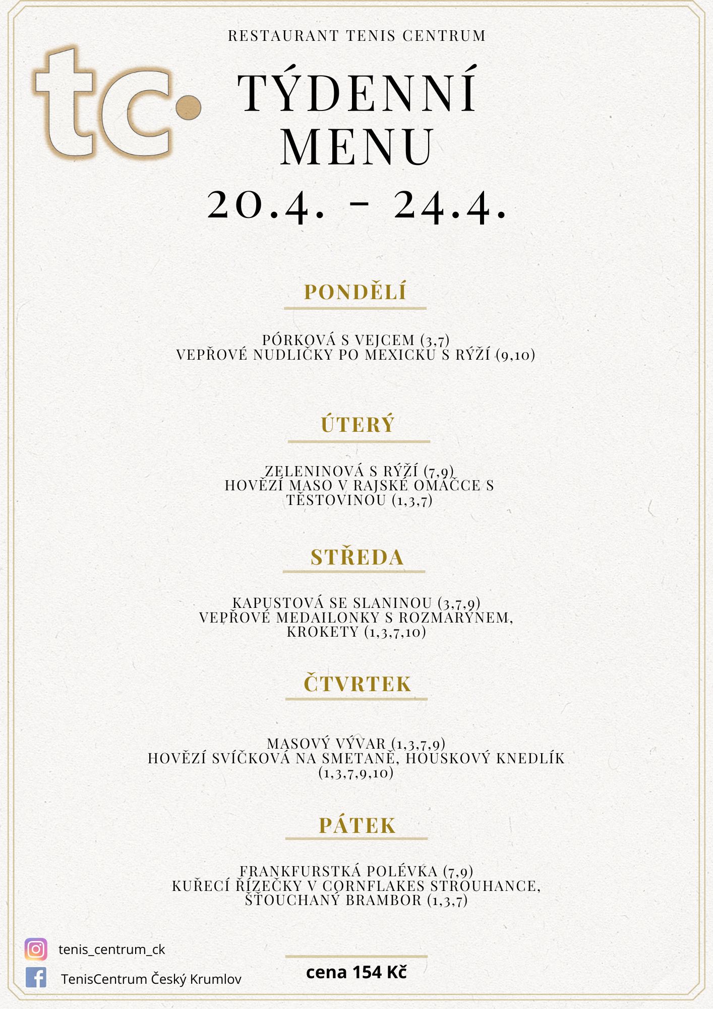 T&yacute;denn&iacute; menu Restaurace TenisCentrum