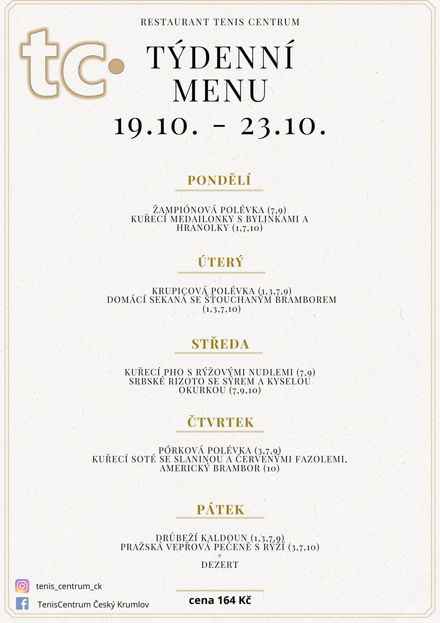T&yacute;denn&iacute; menu Restaurace TenisCentrum