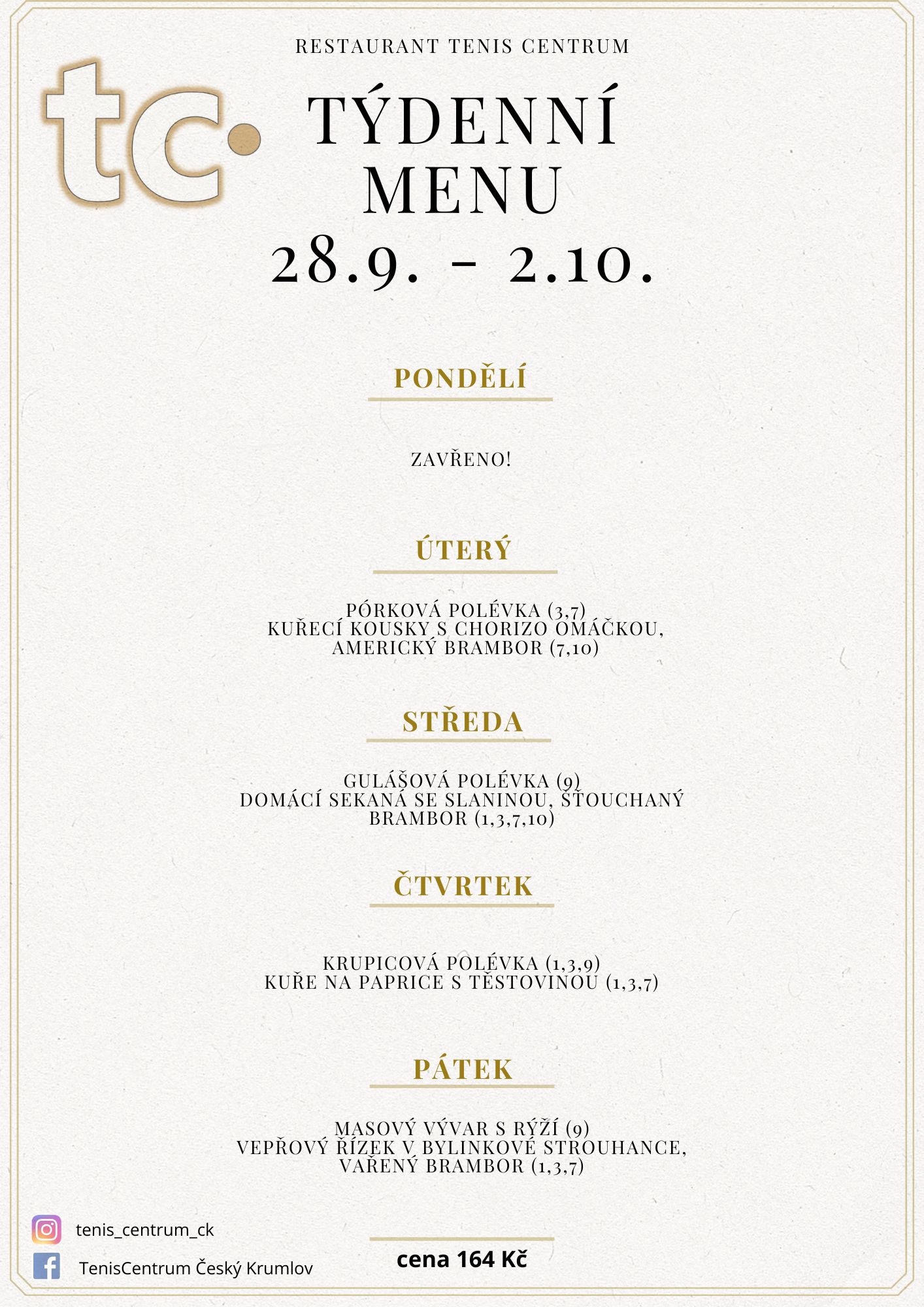 T&yacute;denn&iacute; menu Restaurace TenisCentrum
