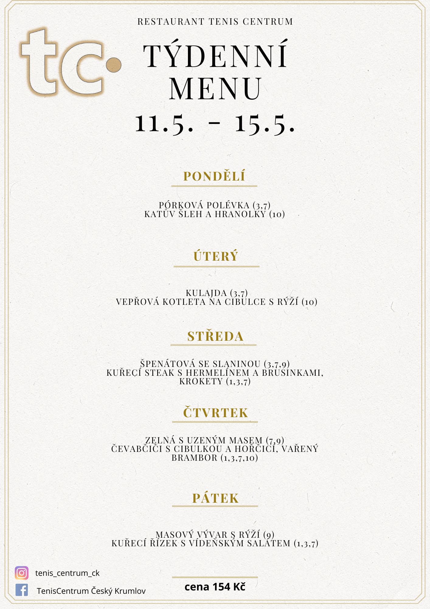 T&yacute;denn&iacute; menu Restaurace TenisCentrum