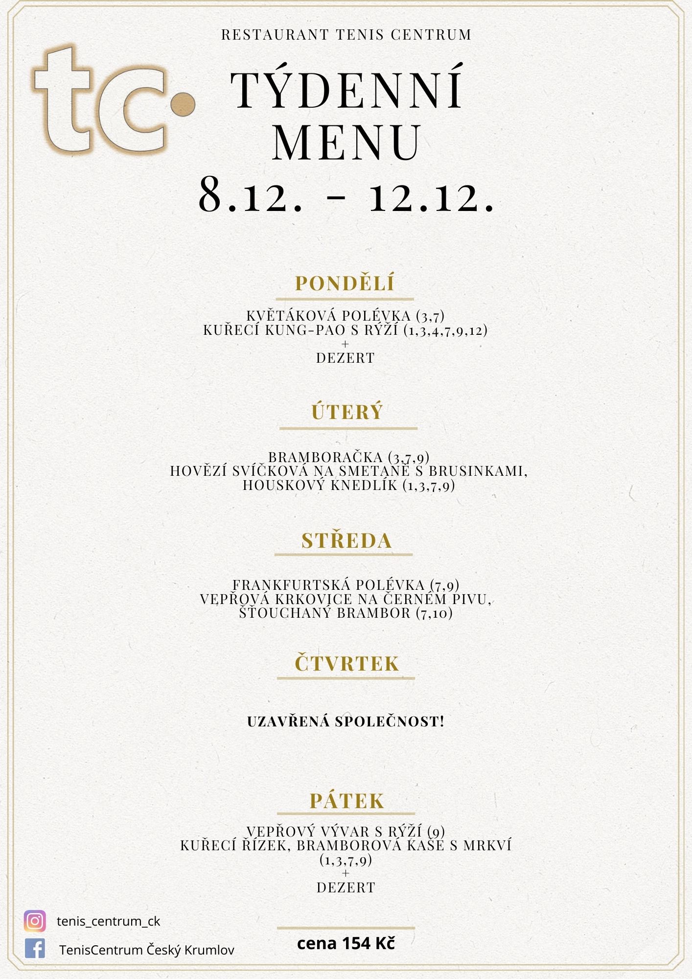 Týdenní menu Restaurace TenisCentrum