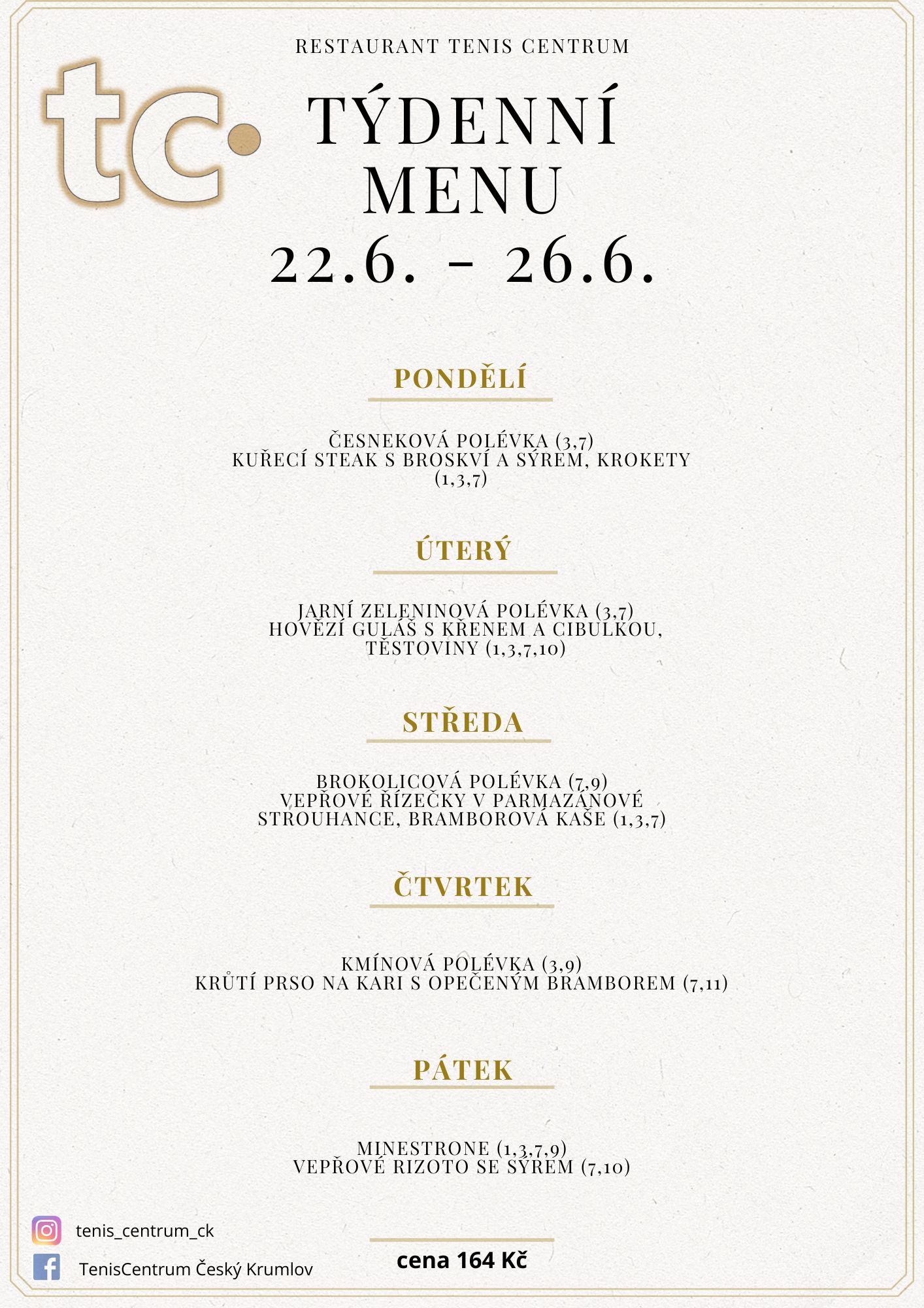 T&yacute;denn&iacute; menu Restaurace TenisCentrum