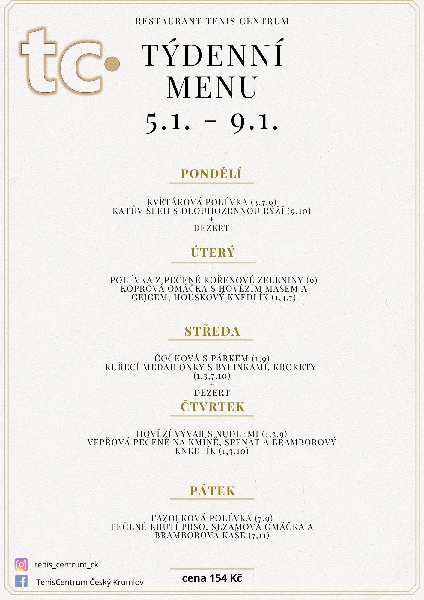 T&yacute;denn&iacute; menu Restaurace TenisCentrum