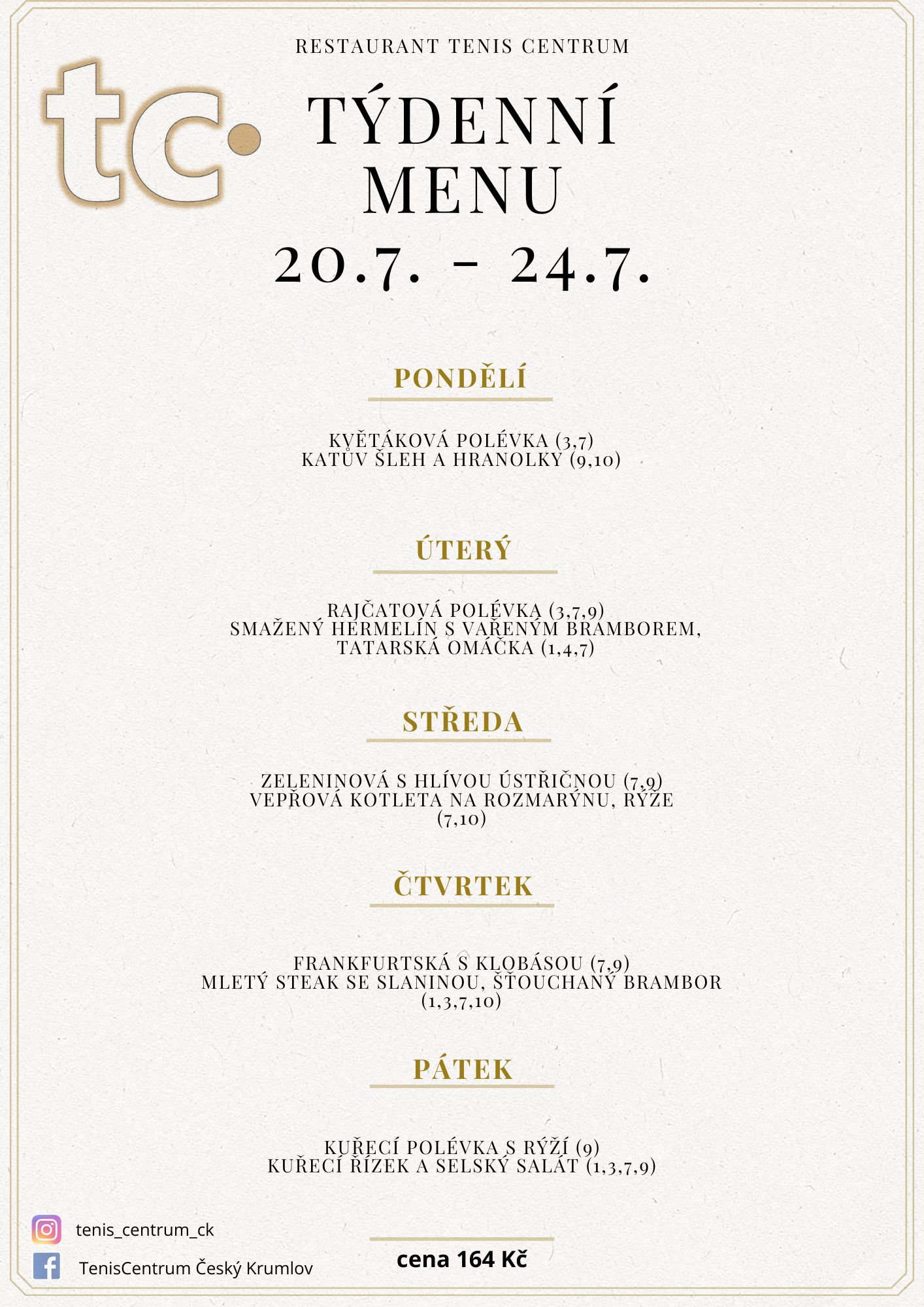 T&yacute;denn&iacute; menu Restaurace TenisCentrum