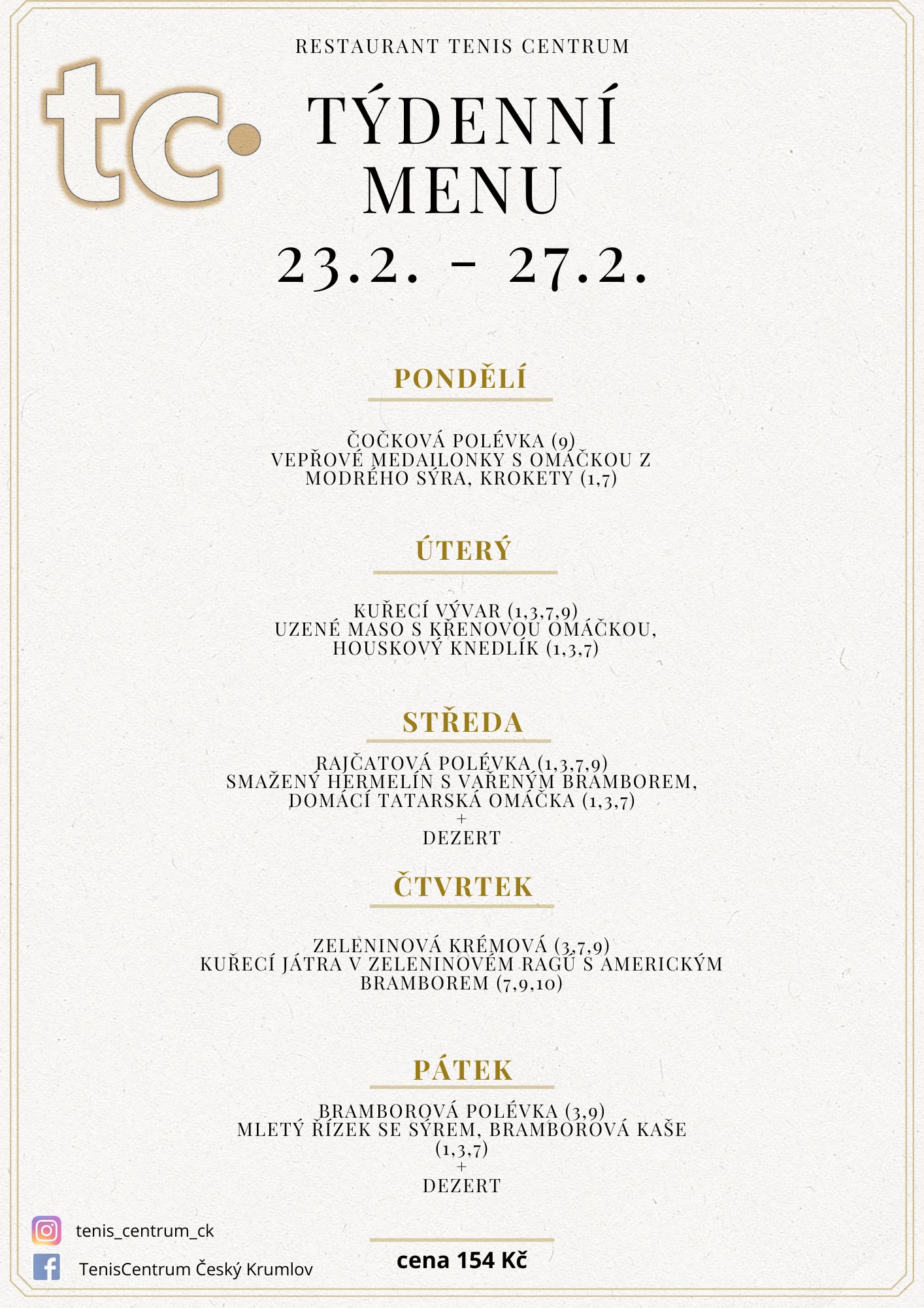 T&yacute;denn&iacute; menu Restaurace TenisCentrum