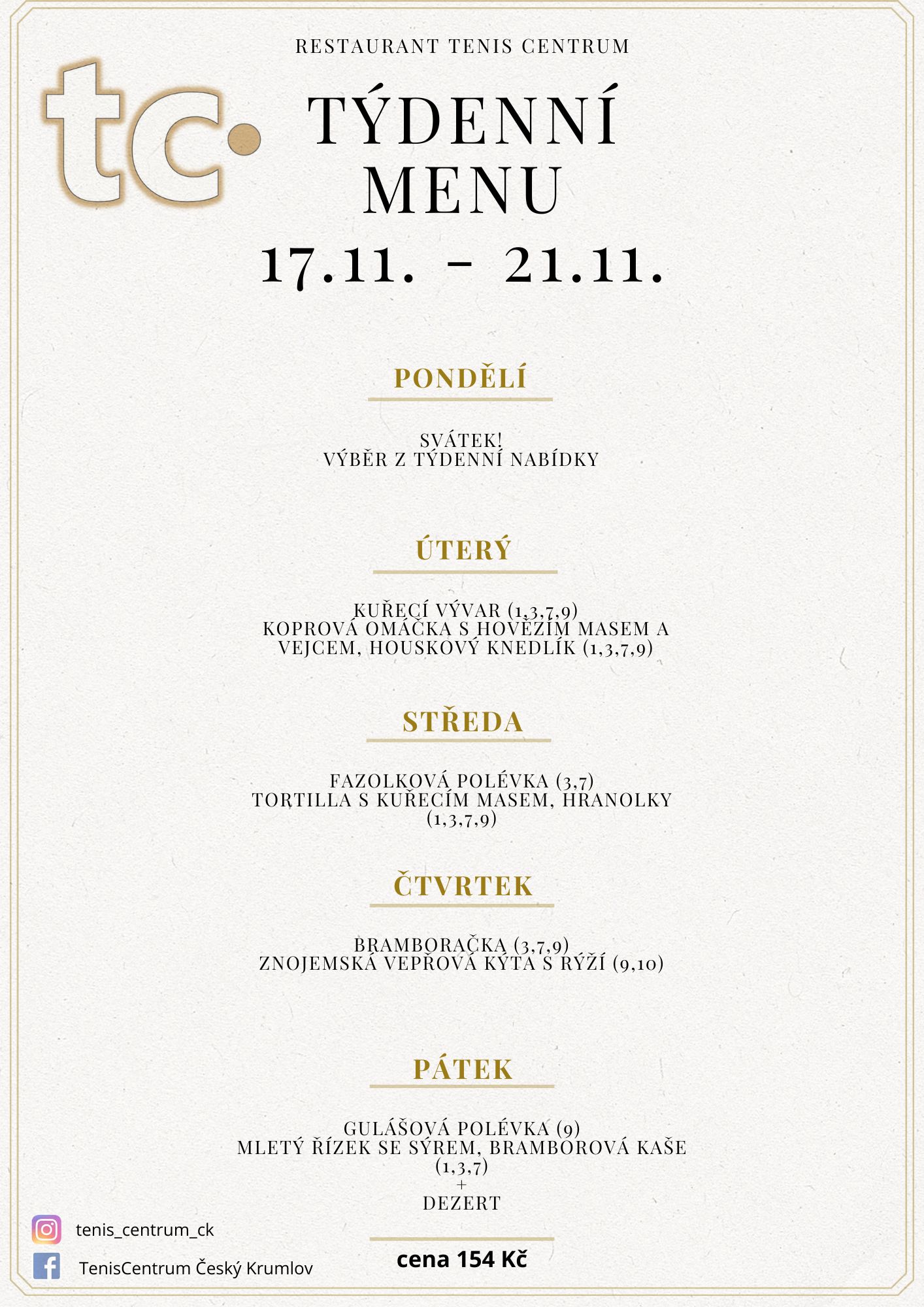 Týdenní menu Restaurace TenisCentrum