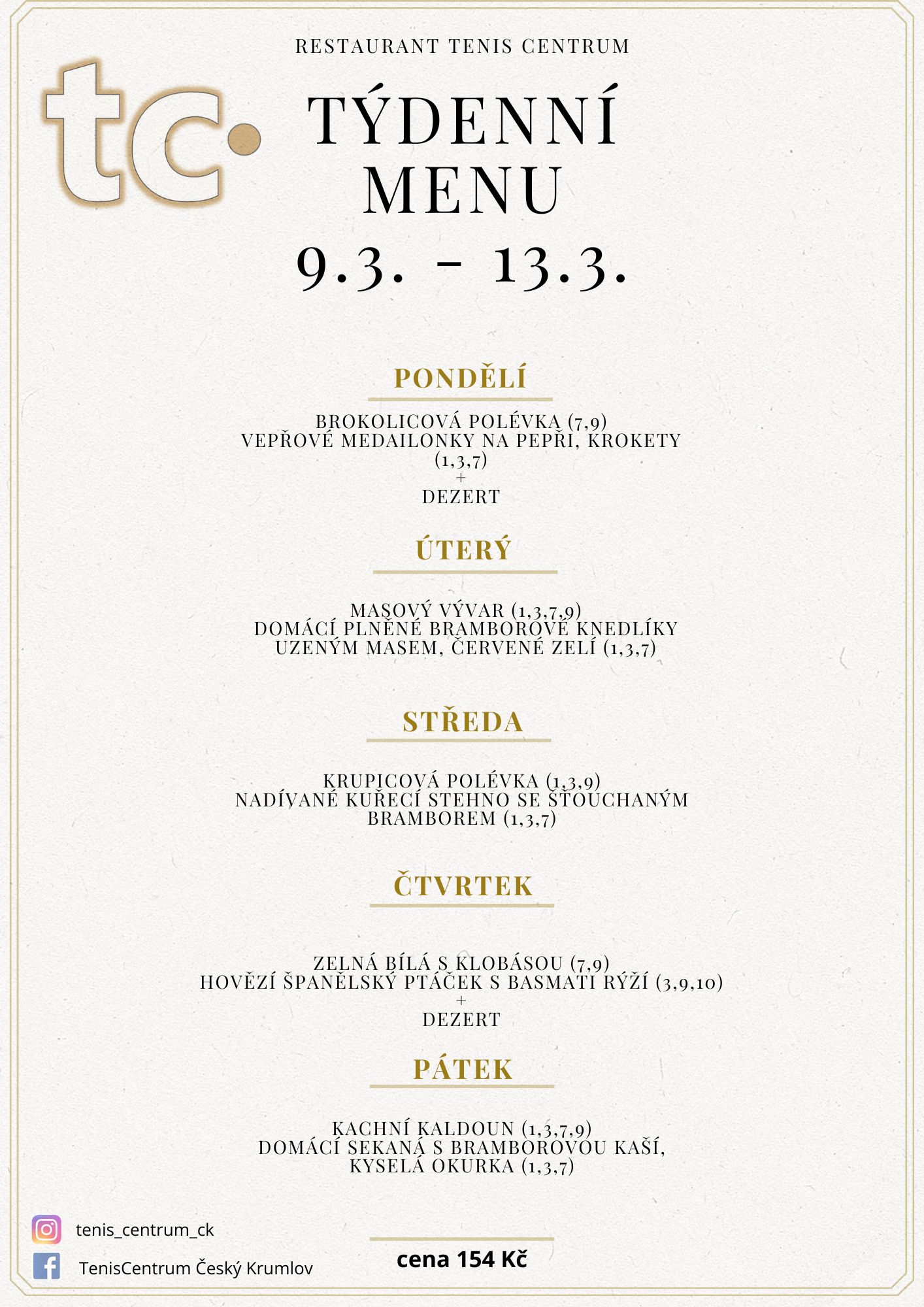 T&yacute;denn&iacute; menu Restaurace TenisCentrum