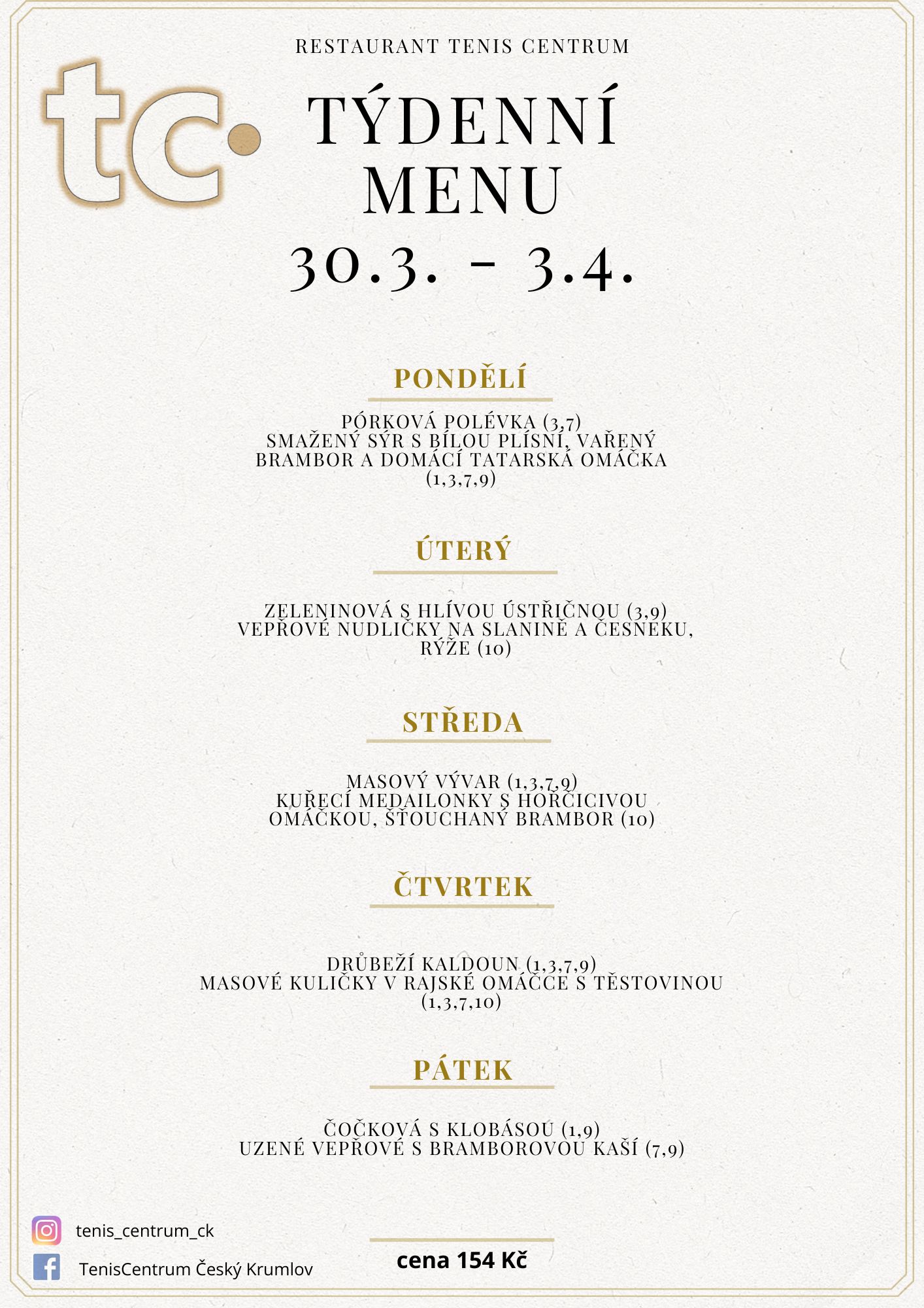 T&yacute;denn&iacute; menu Restaurace TenisCentrum