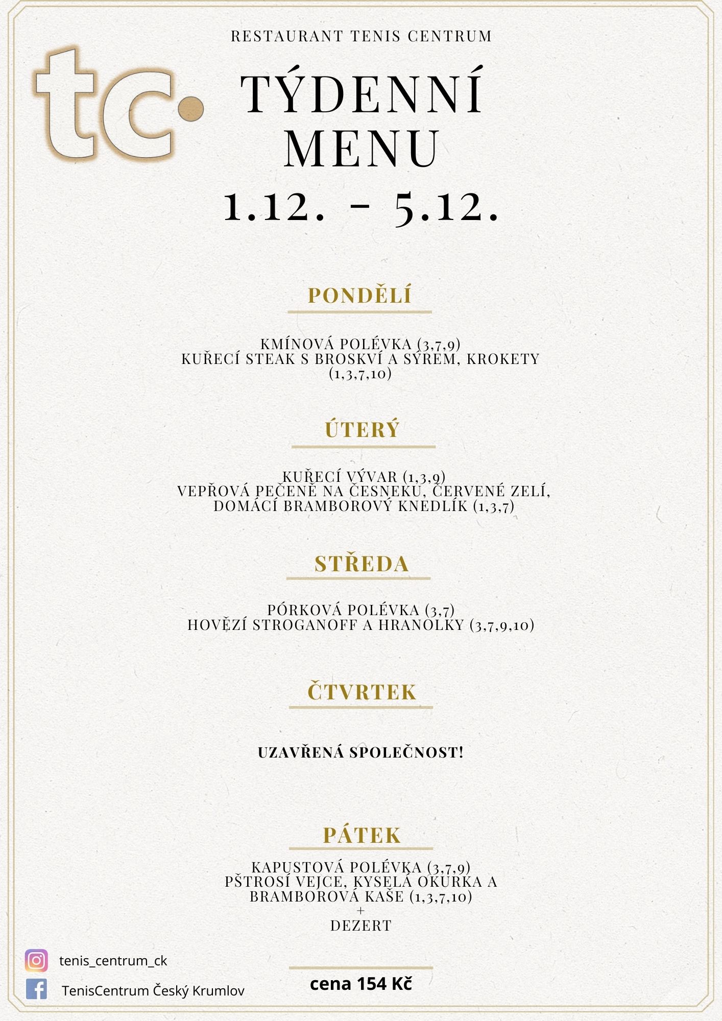 Týdenní menu Restaurace TenisCentrum