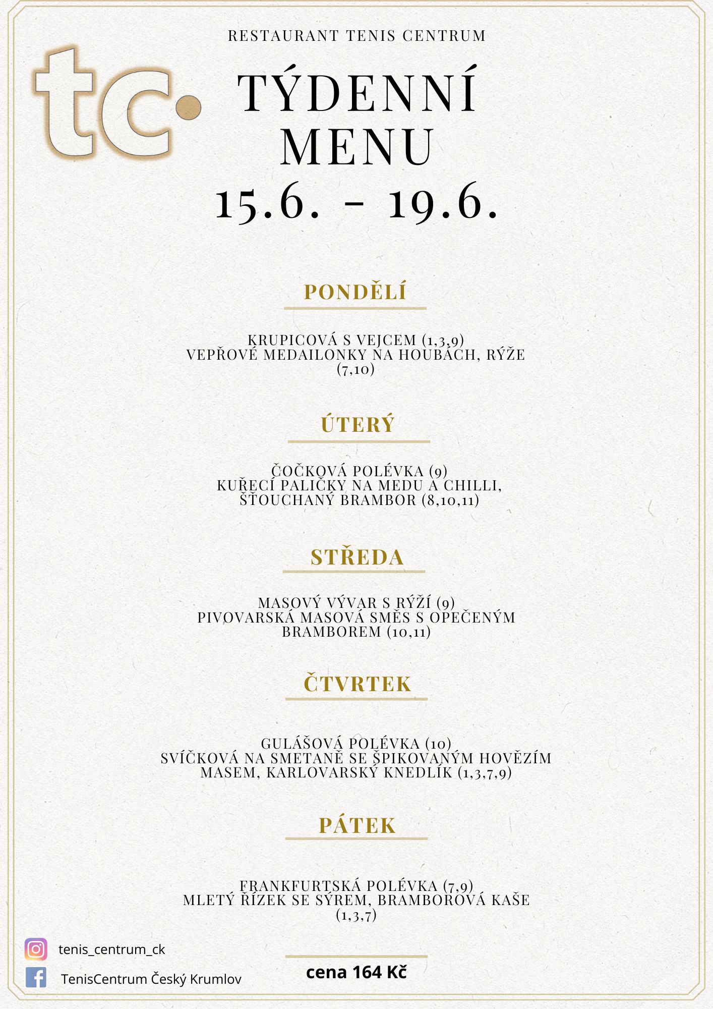 T&yacute;denn&iacute; menu Restaurace TenisCentrum