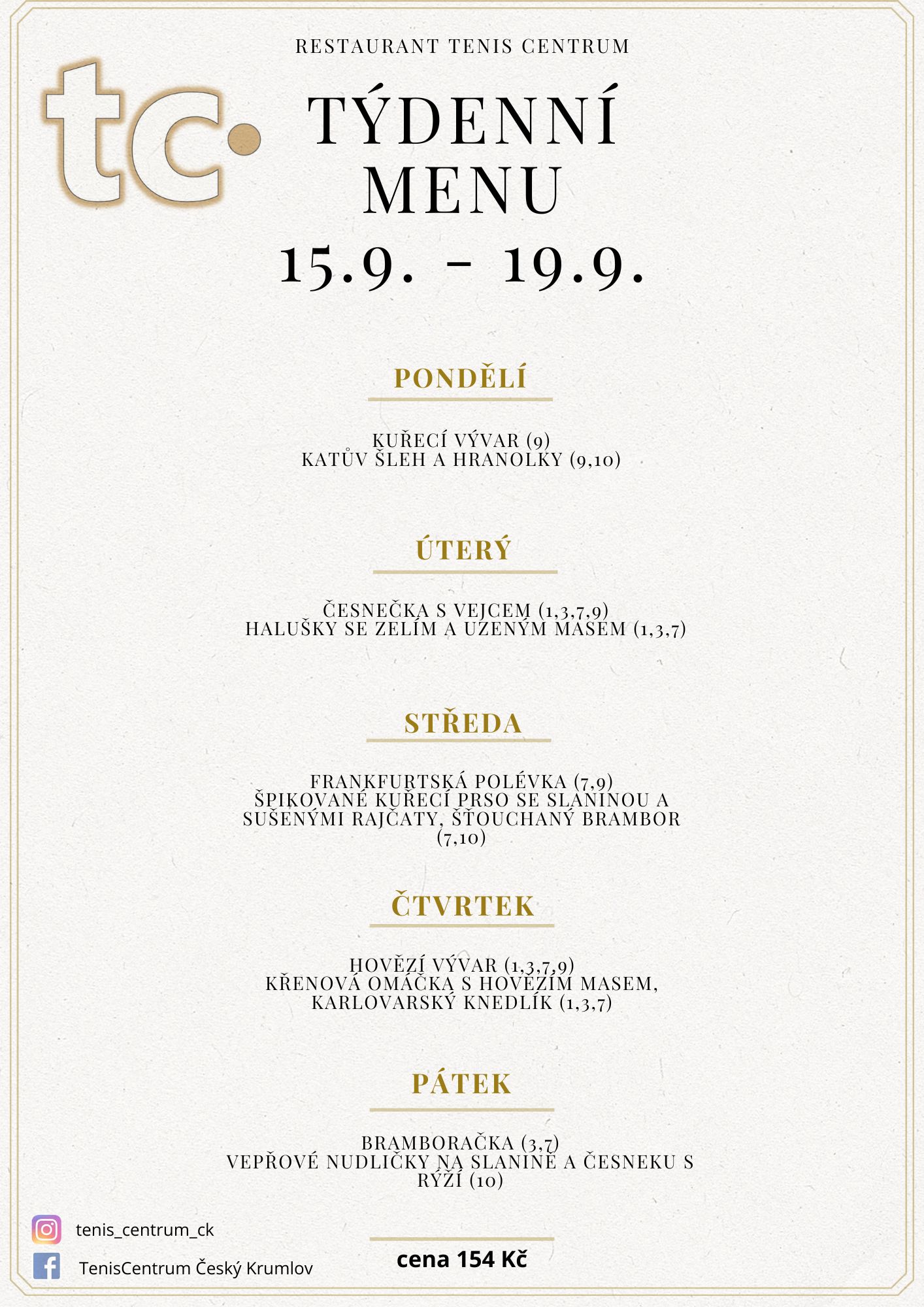 Týdenní menu Restaurace TenisCentrum