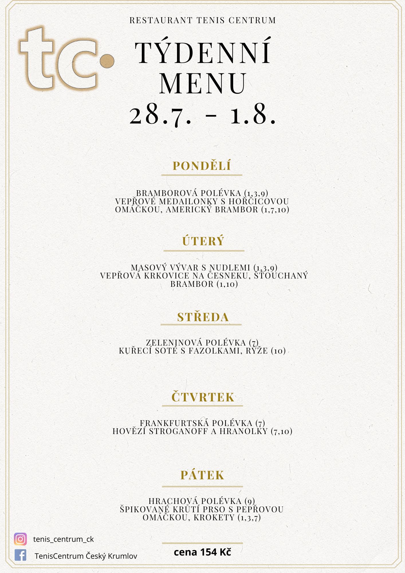 Týdenní menu Restaurace TenisCentrum