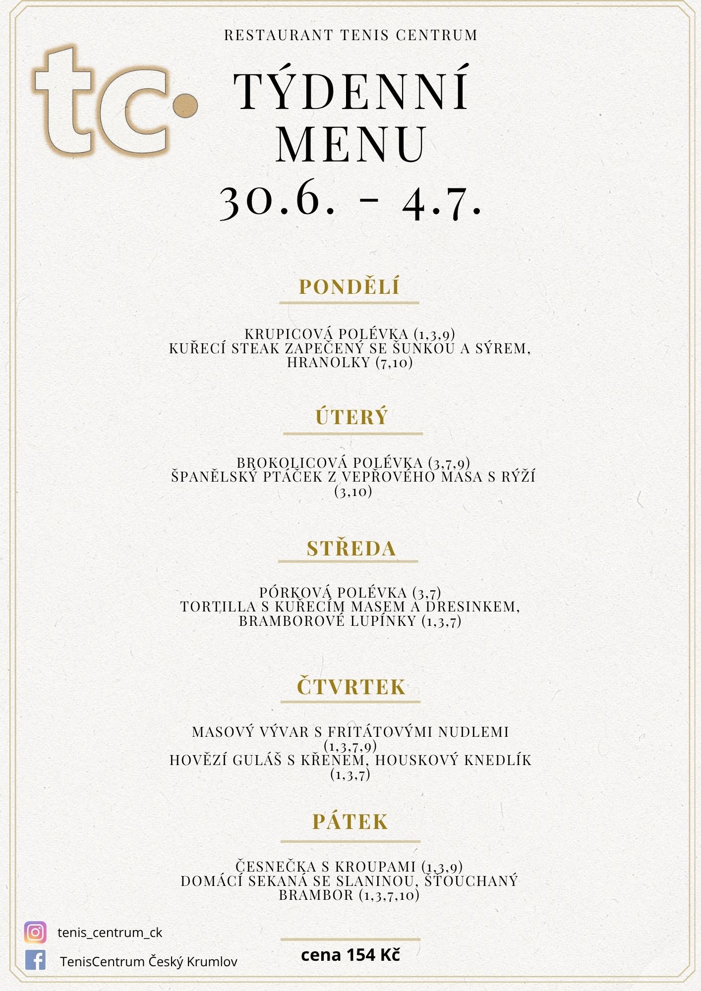 Týdenní menu Restaurace TenisCentrum
