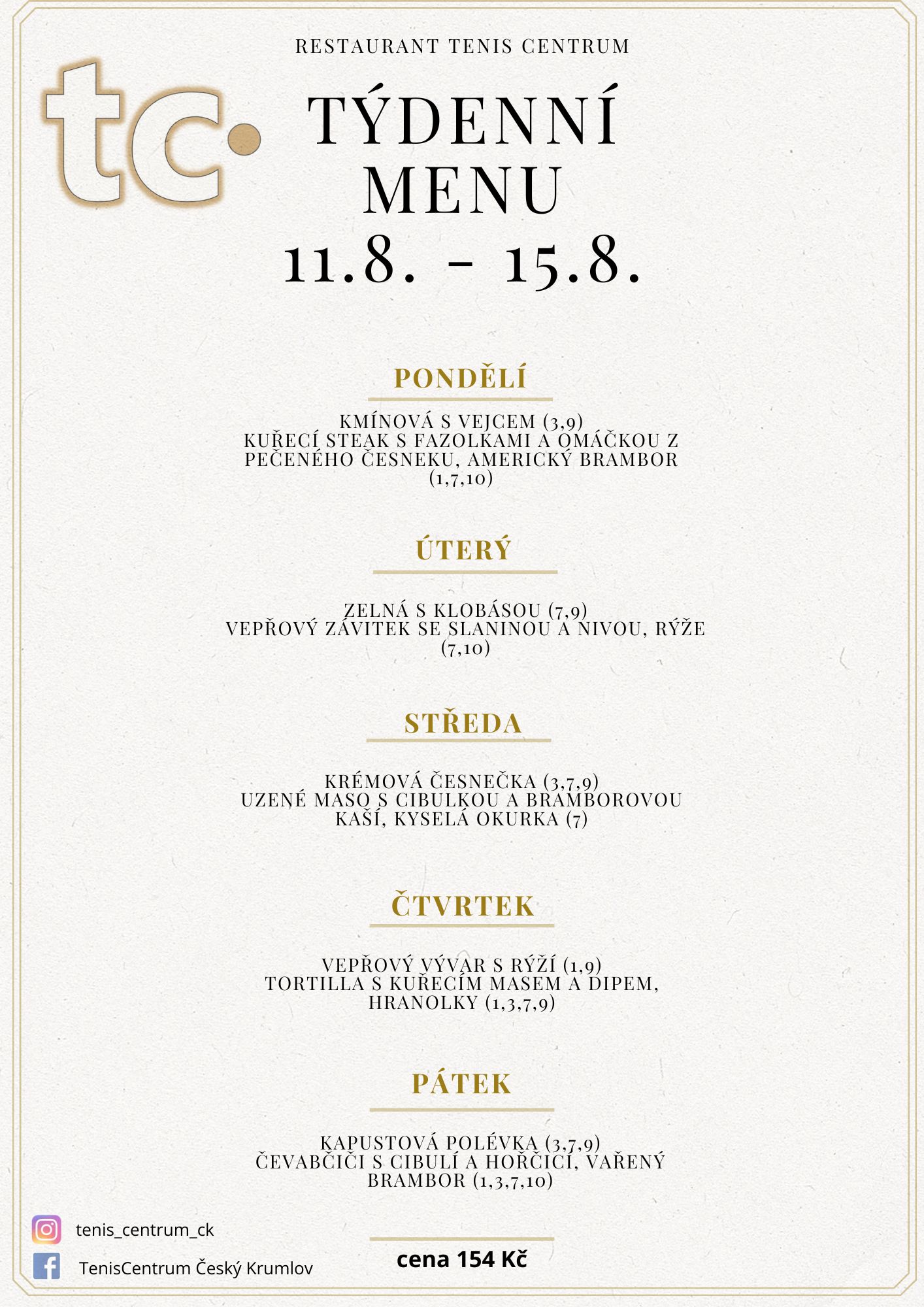 Týdenní menu Restaurace TenisCentrum