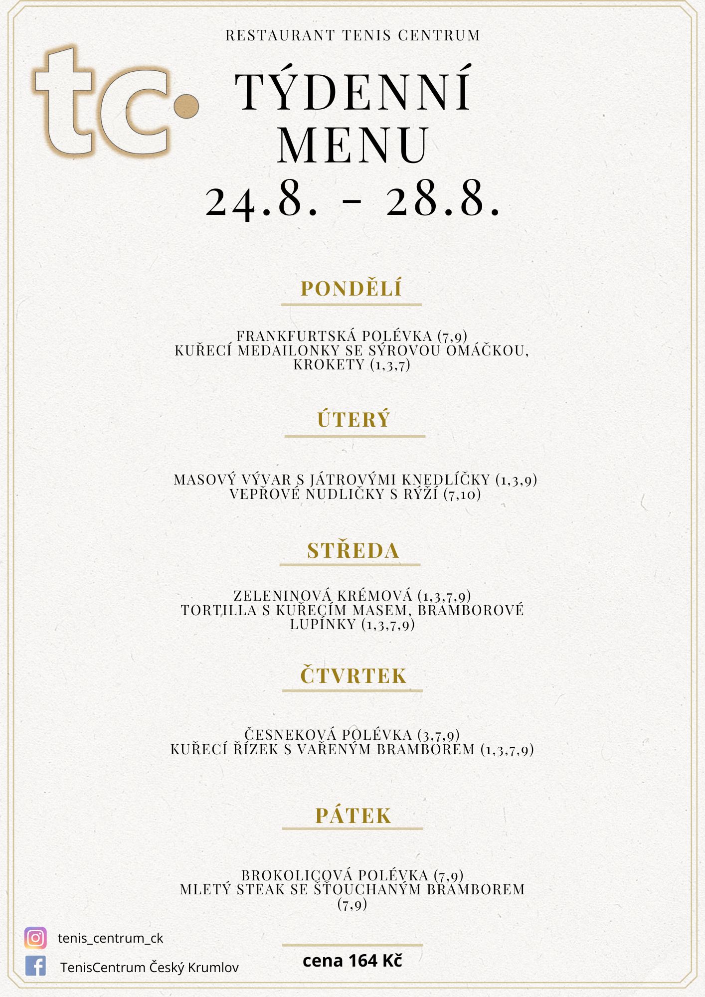 T&yacute;denn&iacute; menu Restaurace TenisCentrum