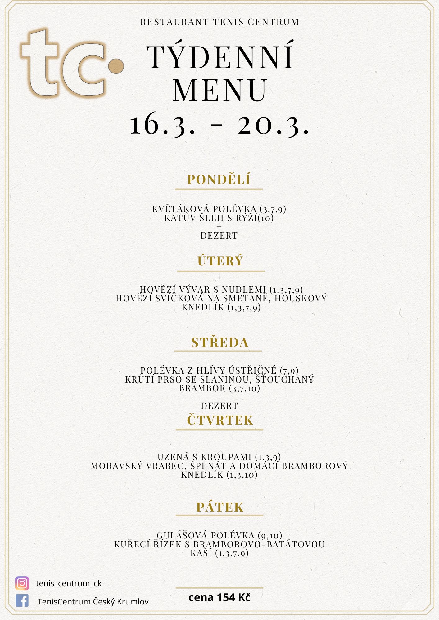 T&yacute;denn&iacute; menu Restaurace TenisCentrum