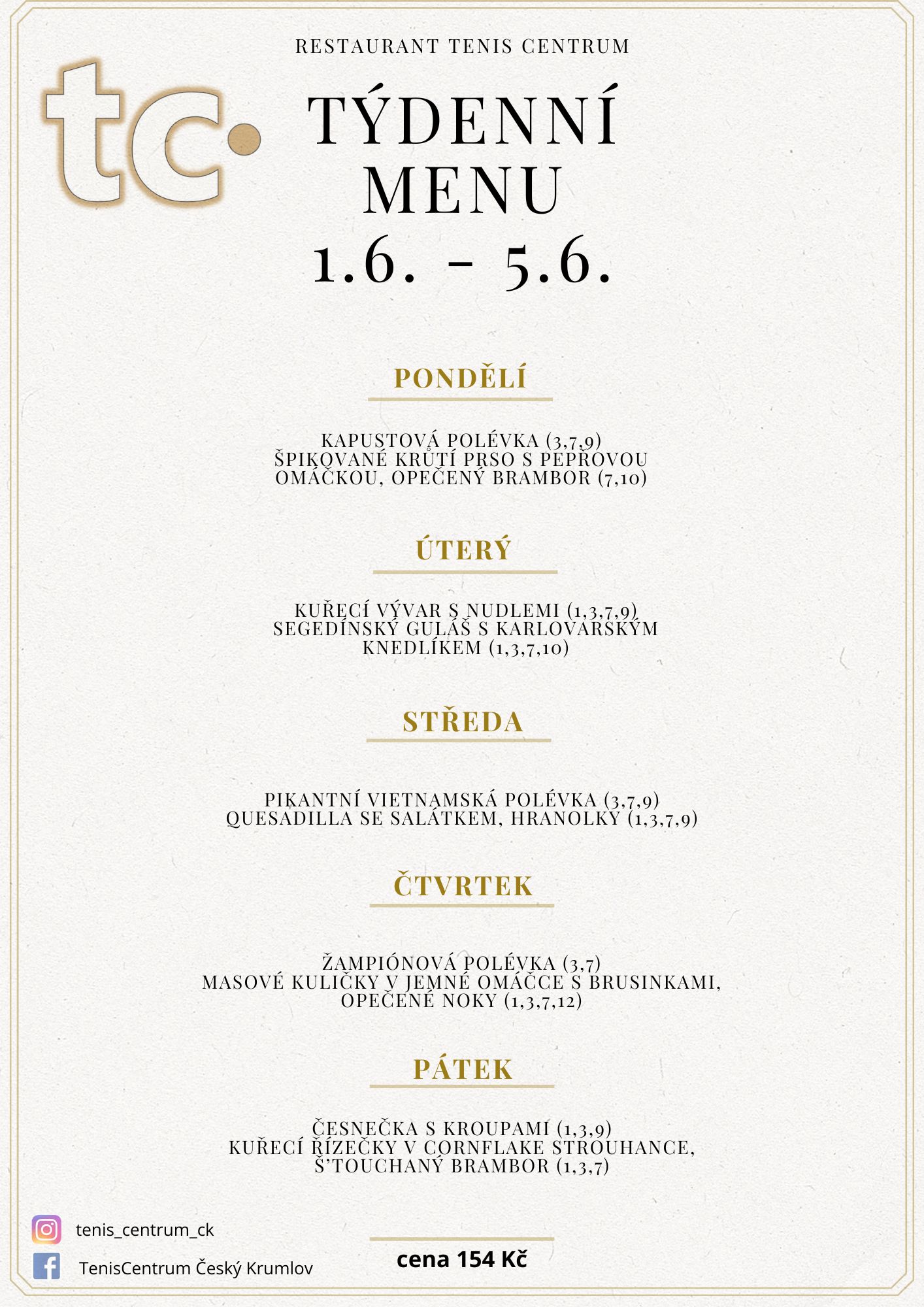 T&yacute;denn&iacute; menu Restaurace TenisCentrum