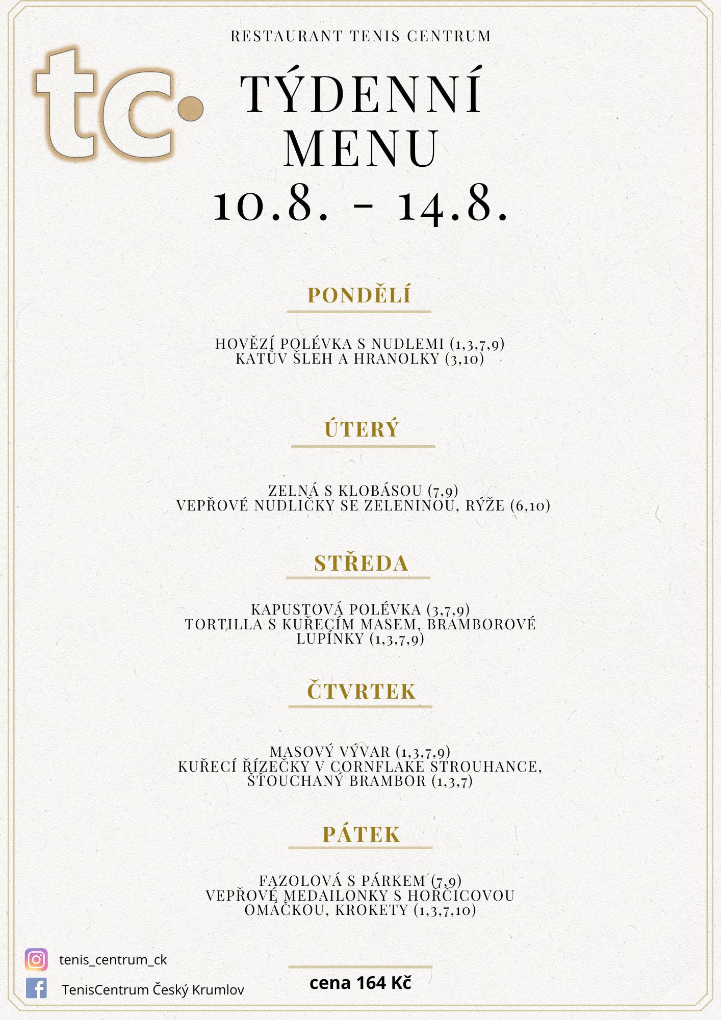 T&yacute;denn&iacute; menu Restaurace TenisCentrum