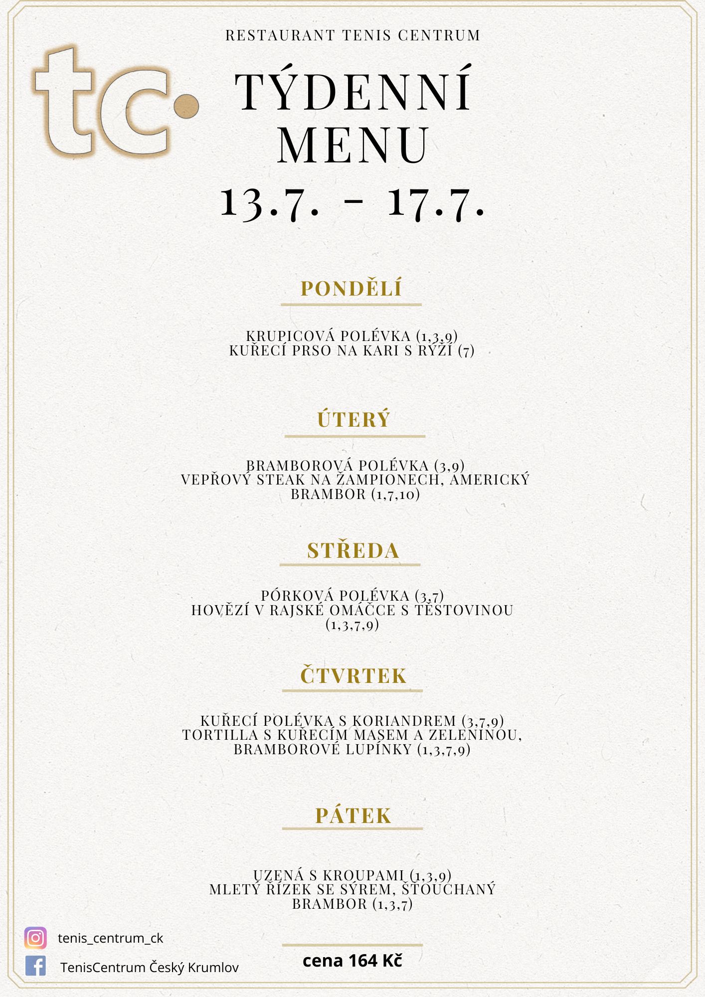 T&yacute;denn&iacute; menu Restaurace TenisCentrum