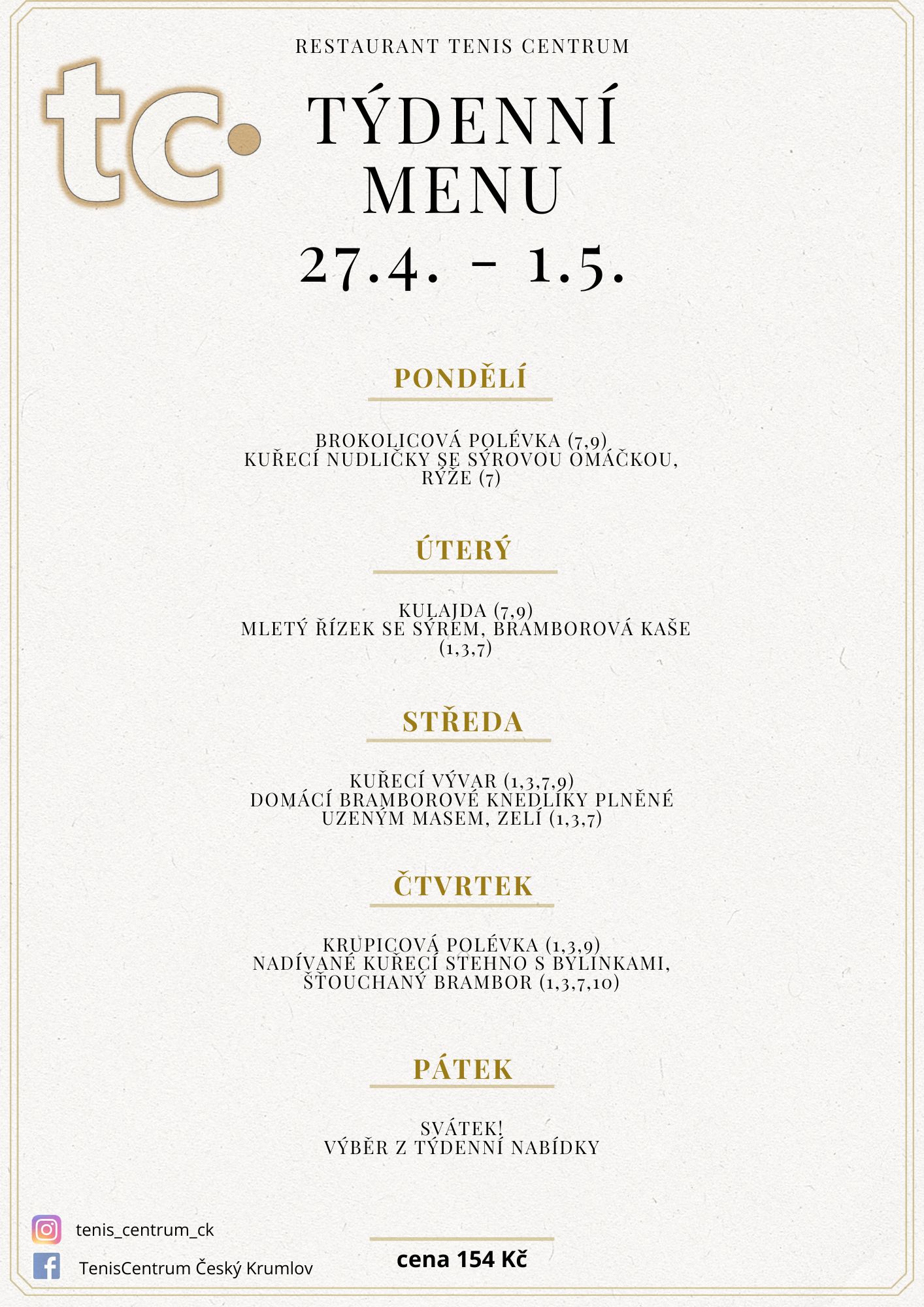 T&yacute;denn&iacute; menu Restaurace TenisCentrum