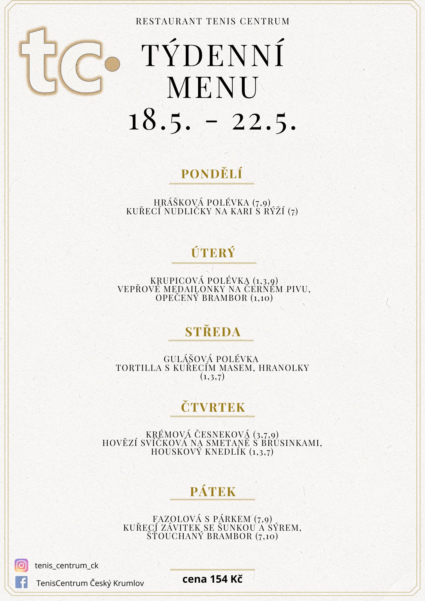 T&yacute;denn&iacute; menu Restaurace TenisCentrum