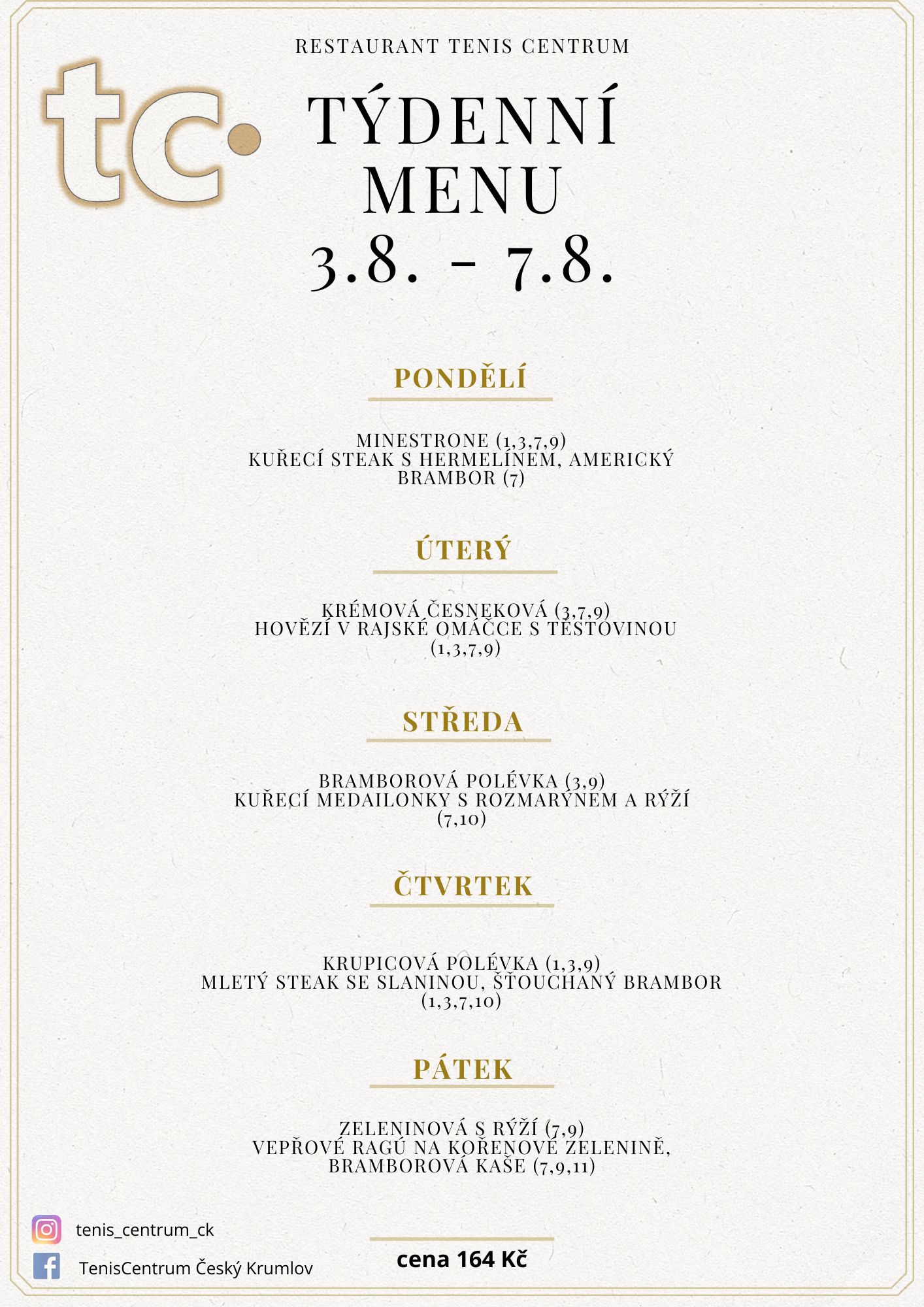 T&yacute;denn&iacute; menu Restaurace TenisCentrum