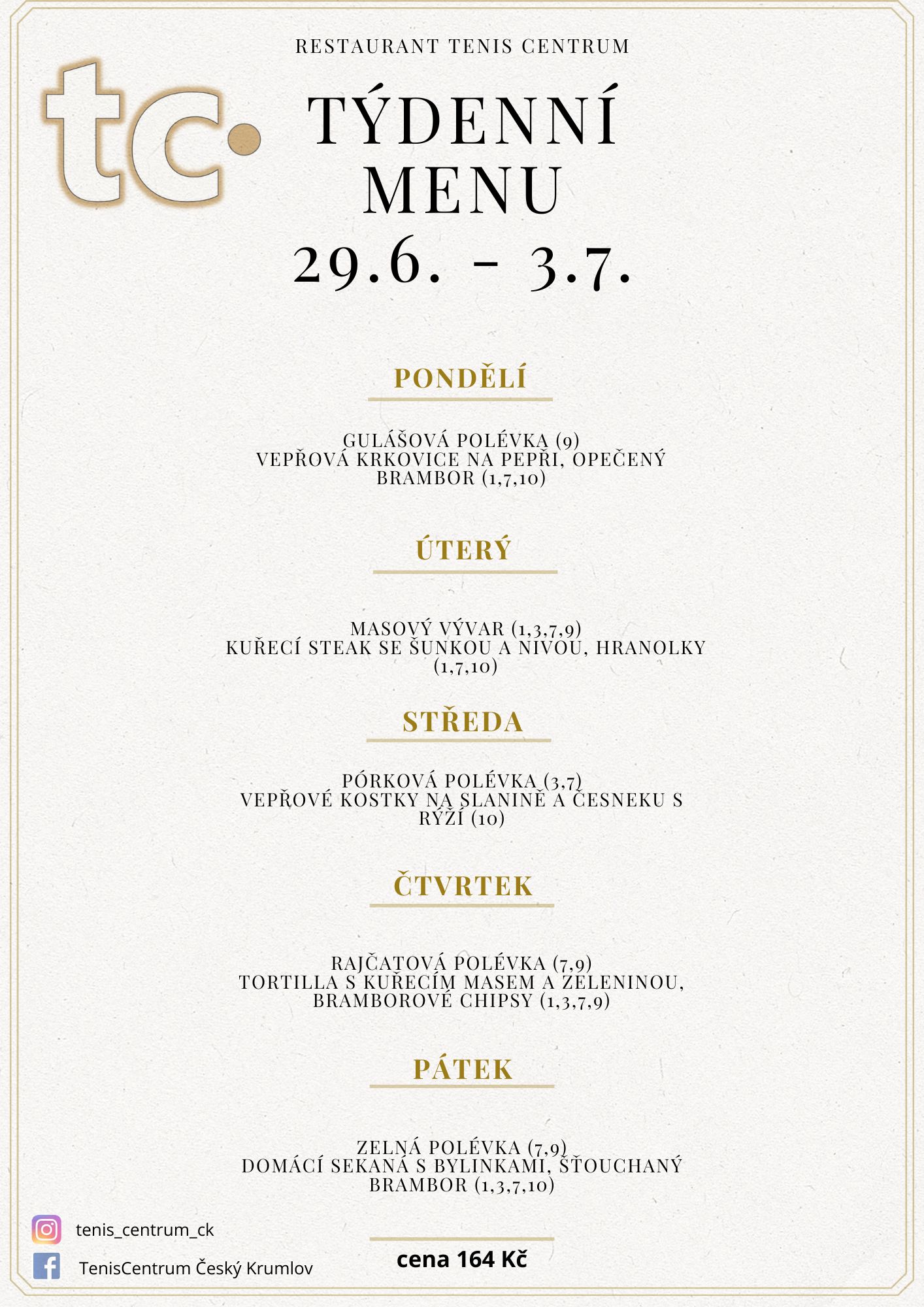 T&yacute;denn&iacute; menu Restaurace TenisCentrum
