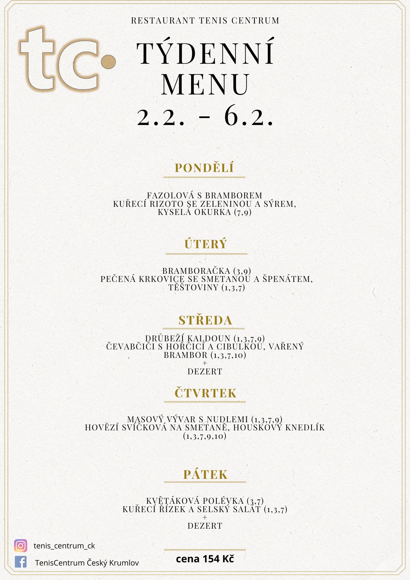 T&yacute;denn&iacute; menu Restaurace TenisCentrum