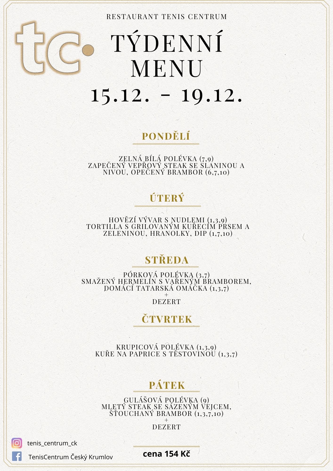 T&yacute;denn&iacute; menu Restaurace TenisCentrum