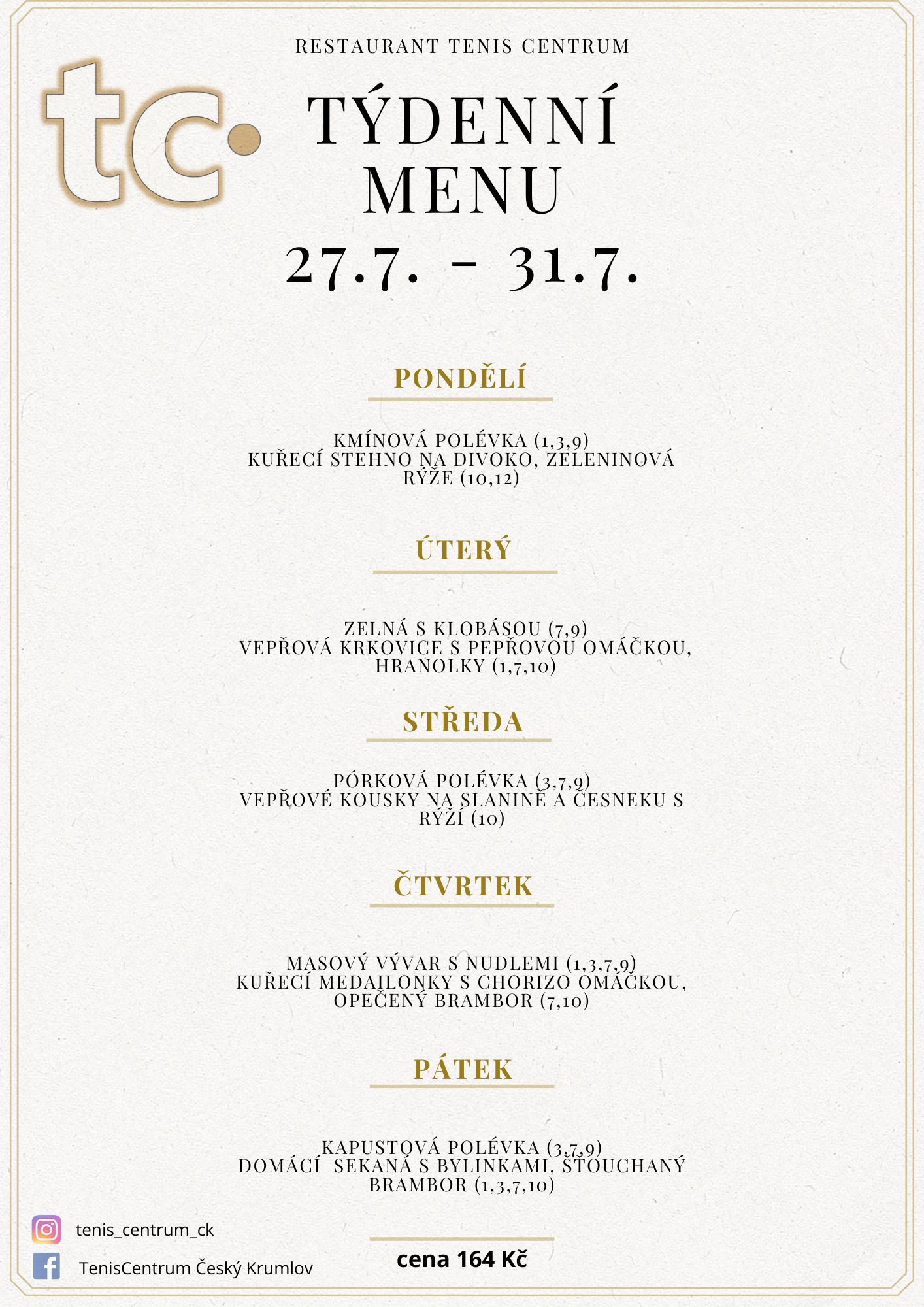 T&yacute;denn&iacute; menu Restaurace TenisCentrum