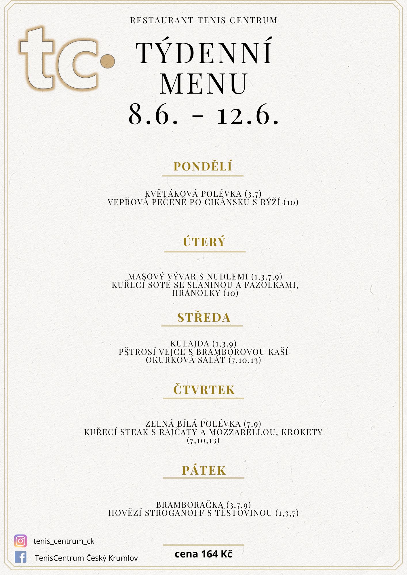 T&yacute;denn&iacute; menu Restaurace TenisCentrum