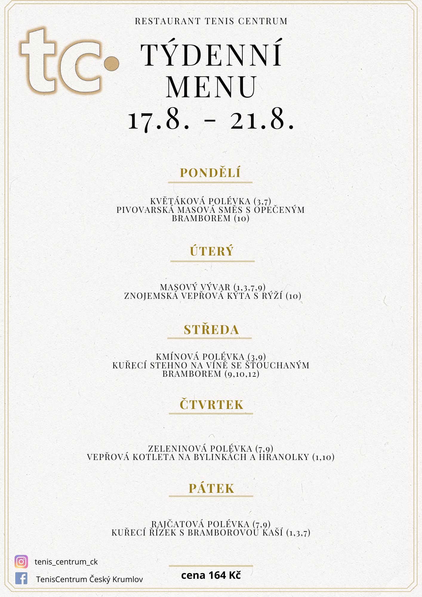T&yacute;denn&iacute; menu Restaurace TenisCentrum