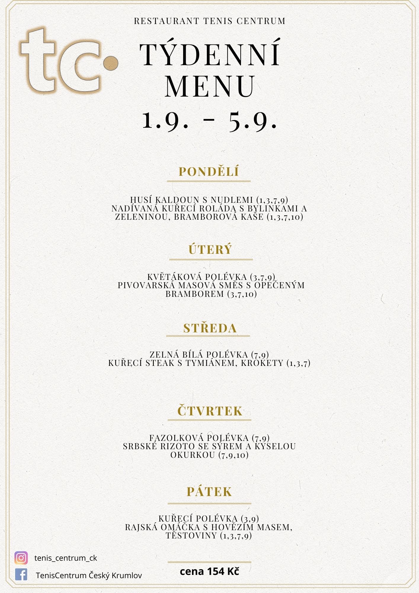 Týdenní menu Restaurace TenisCentrum