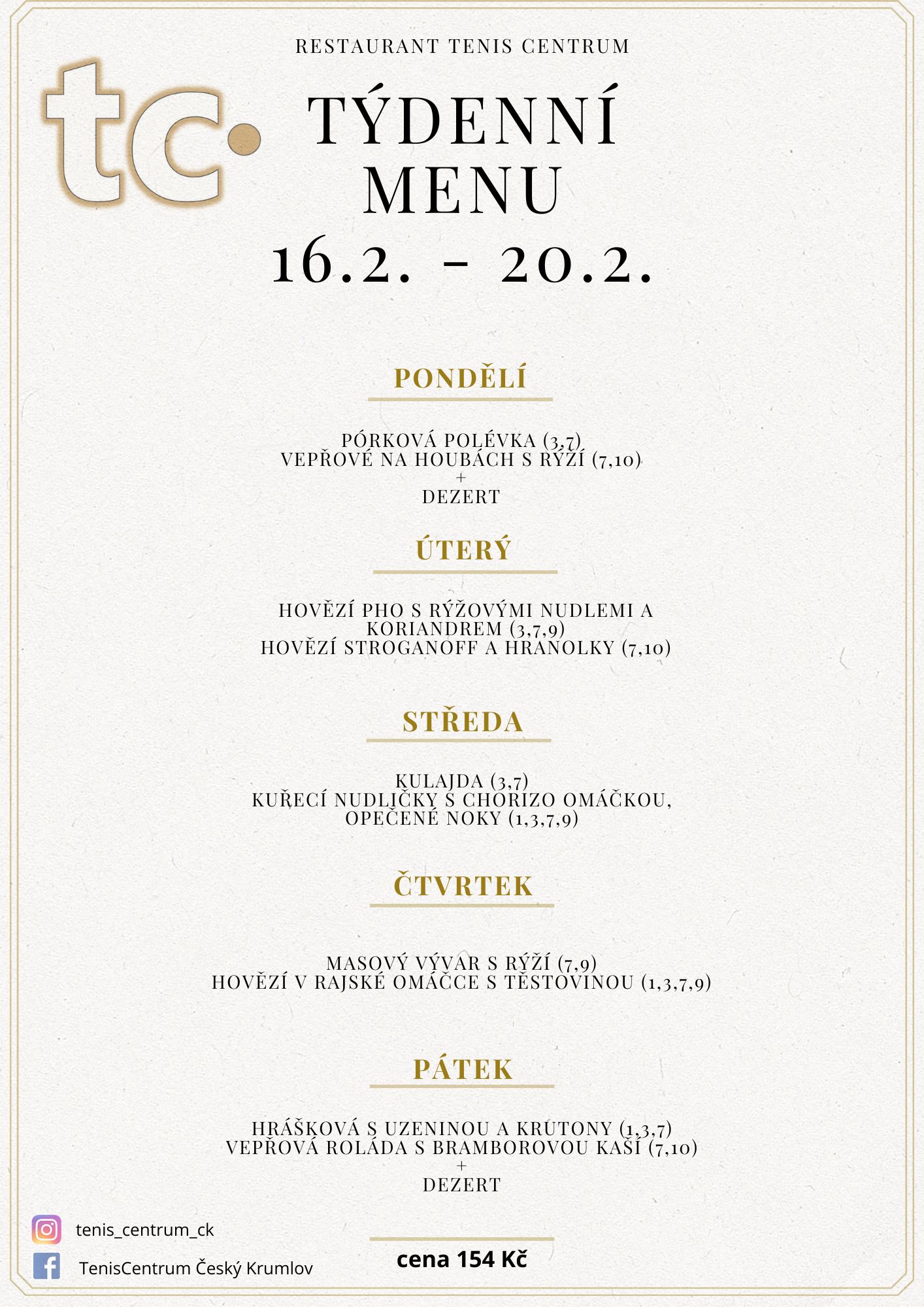 T&yacute;denn&iacute; menu Restaurace TenisCentrum
