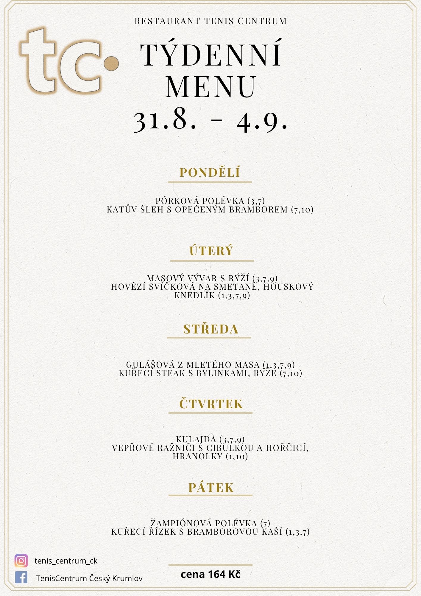 T&yacute;denn&iacute; menu Restaurace TenisCentrum