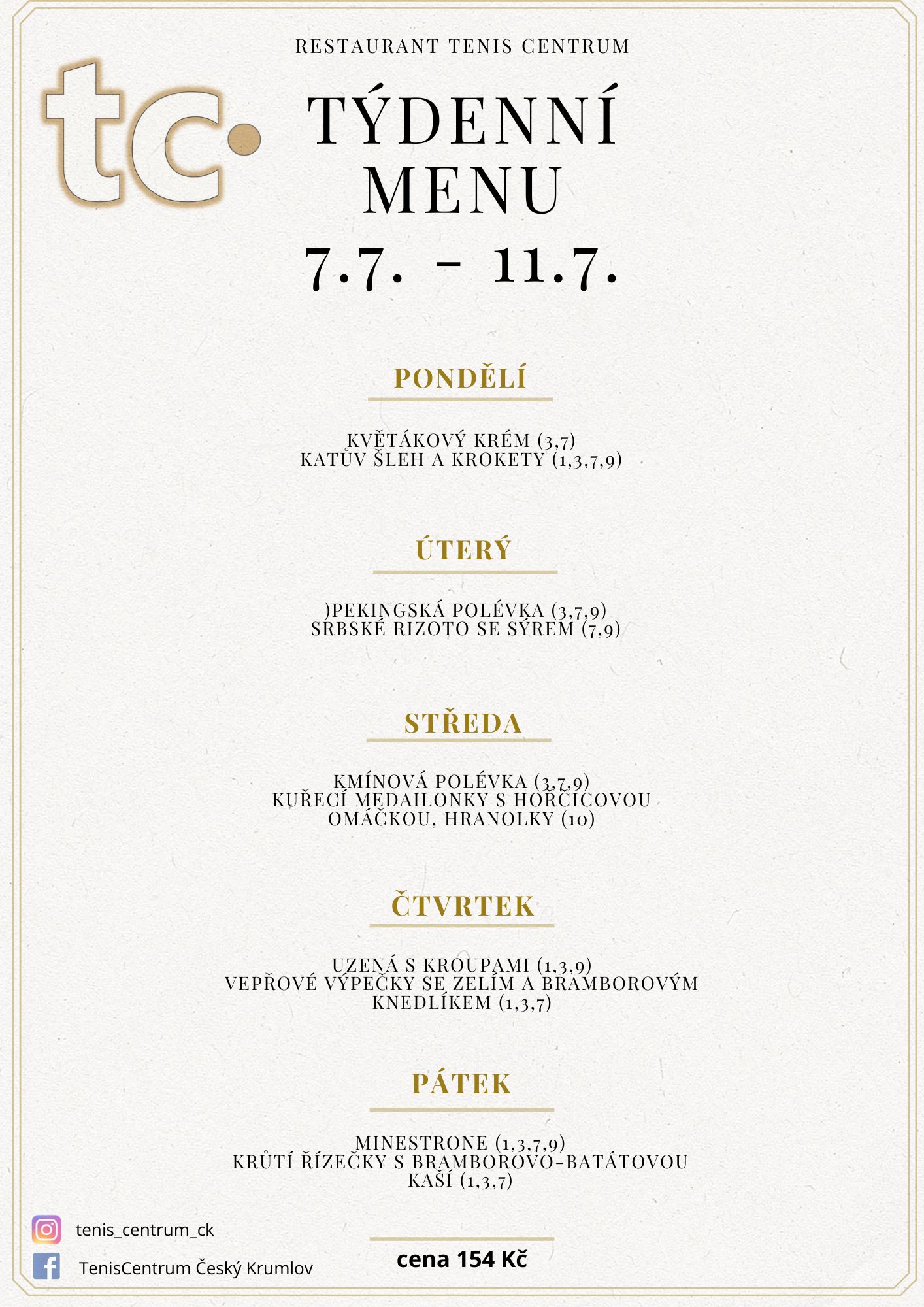Týdenní menu Restaurace TenisCentrum