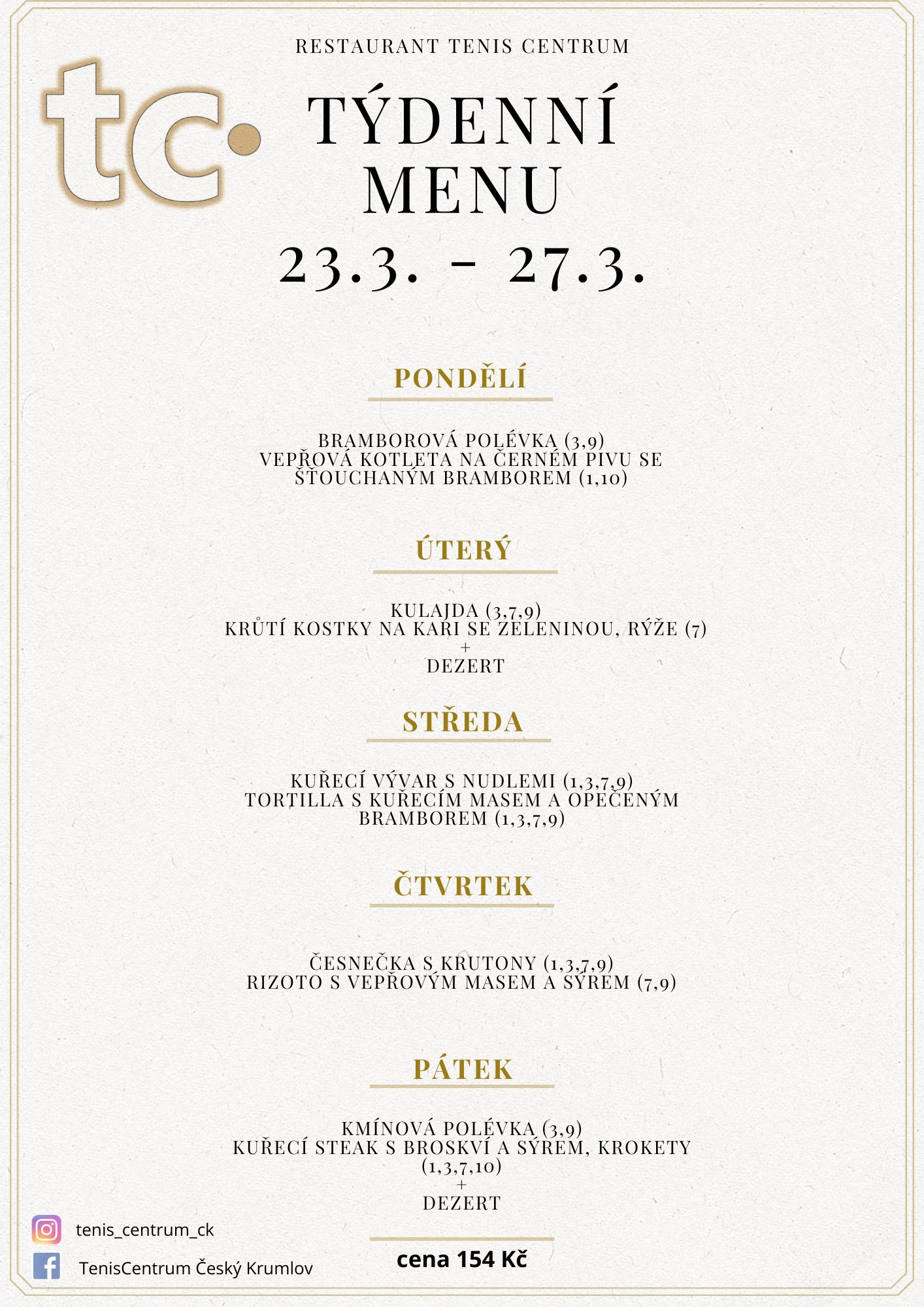 T&yacute;denn&iacute; menu Restaurace TenisCentrum