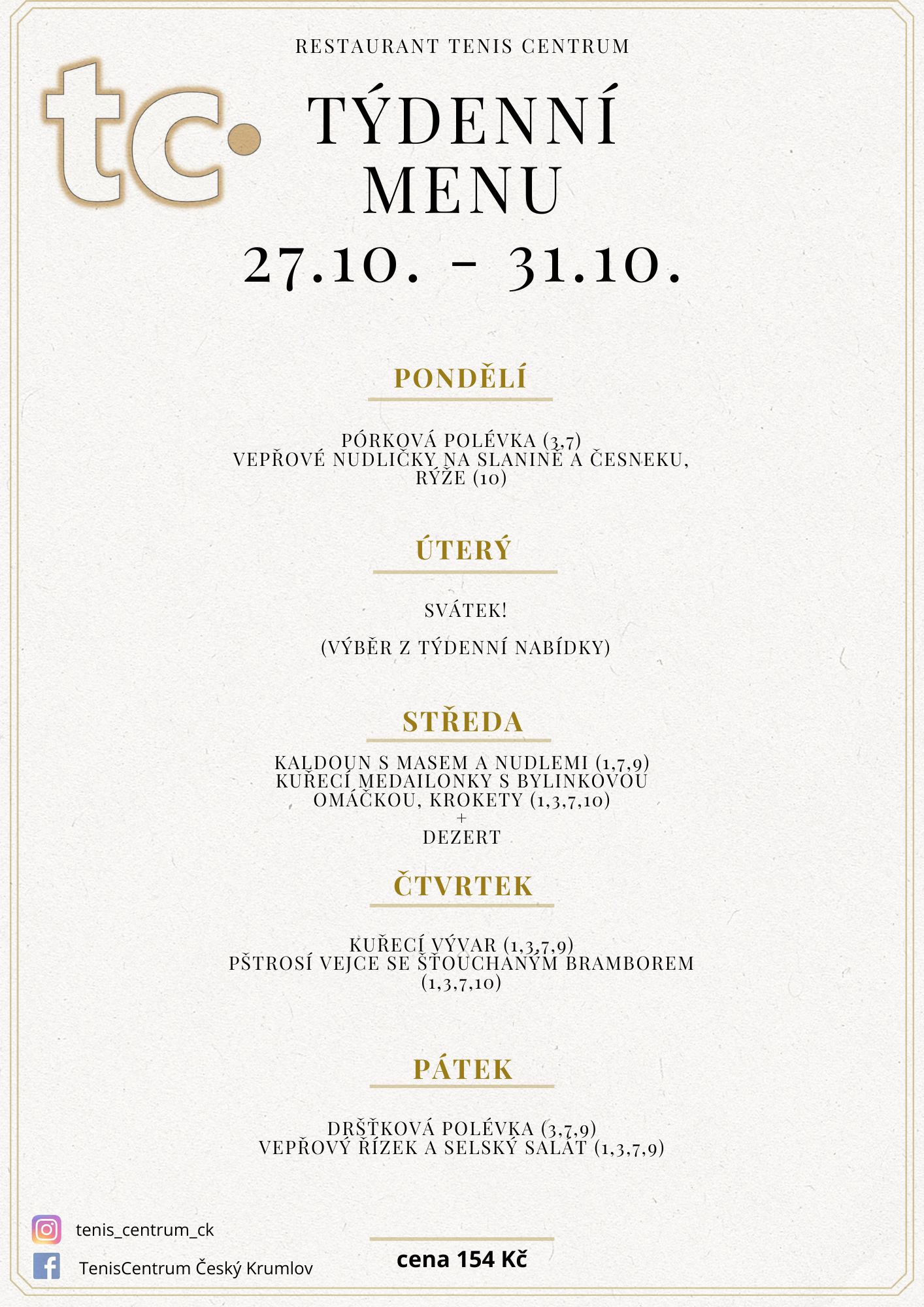 Týdenní menu Restaurace TenisCentrum