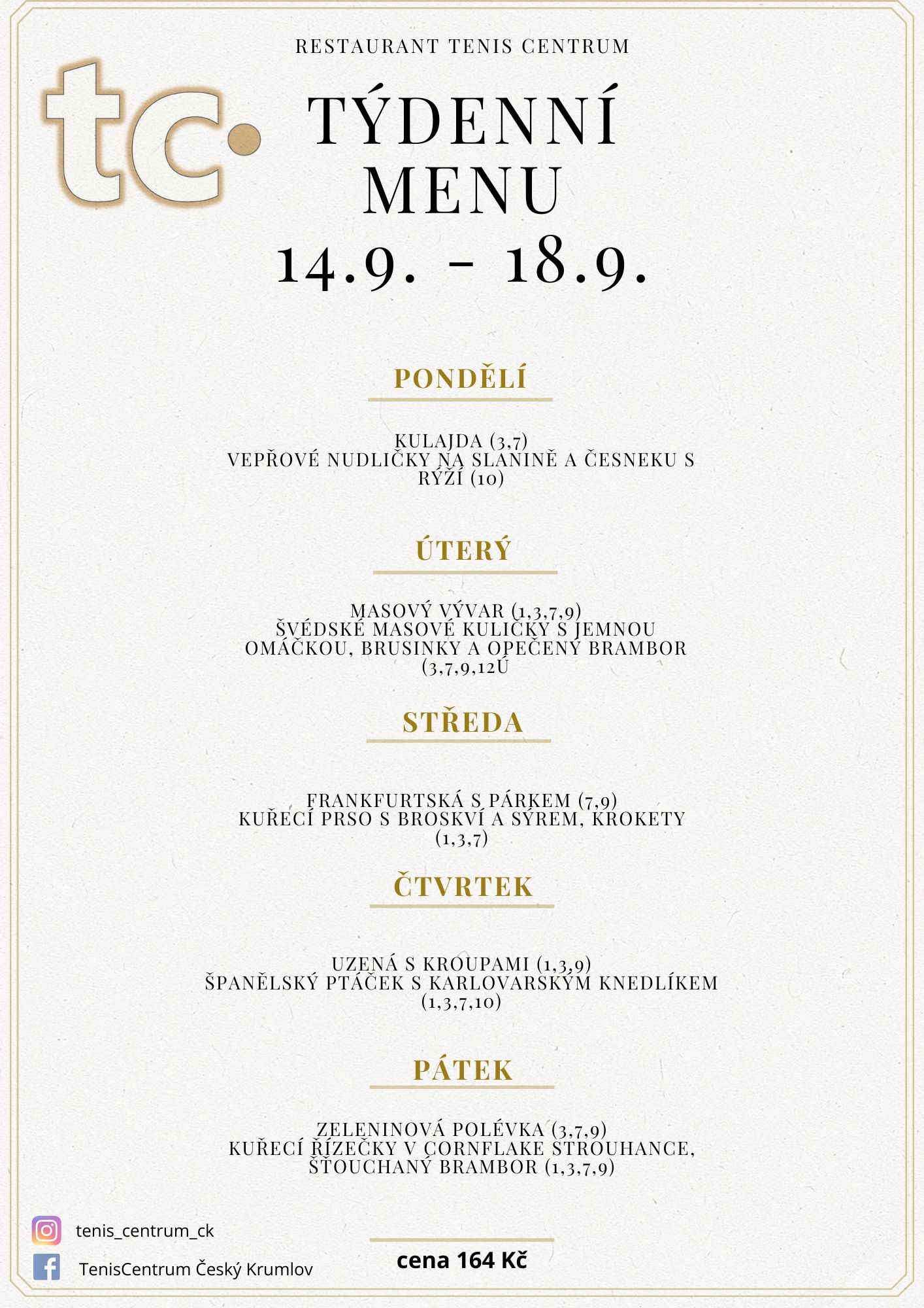 T&yacute;denn&iacute; menu Restaurace TenisCentrum