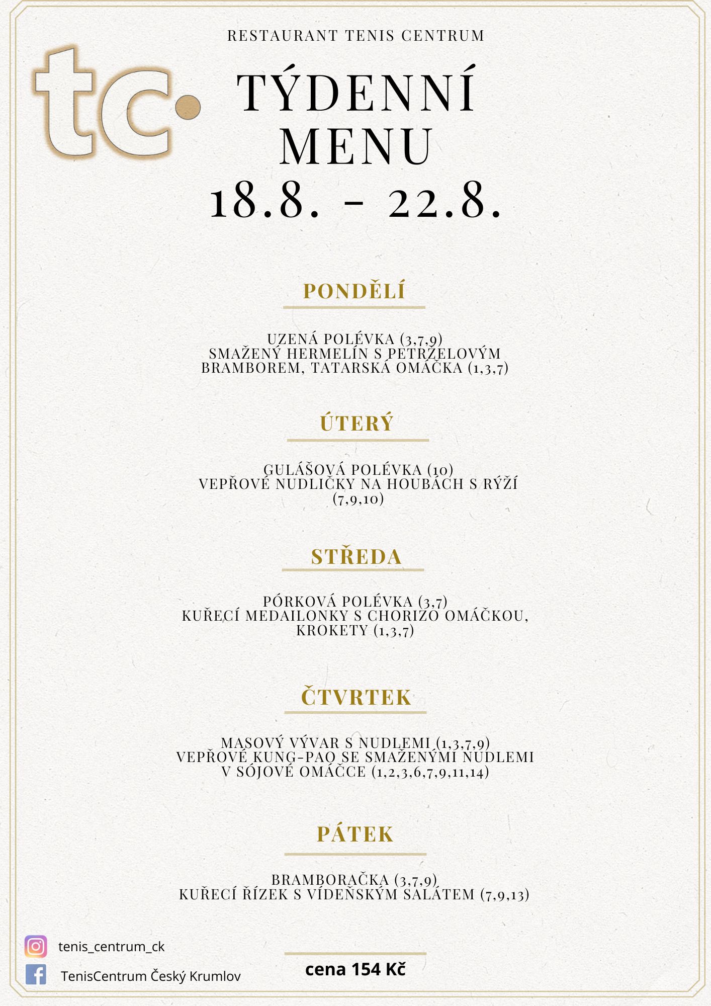 Týdenní menu Restaurace TenisCentrum