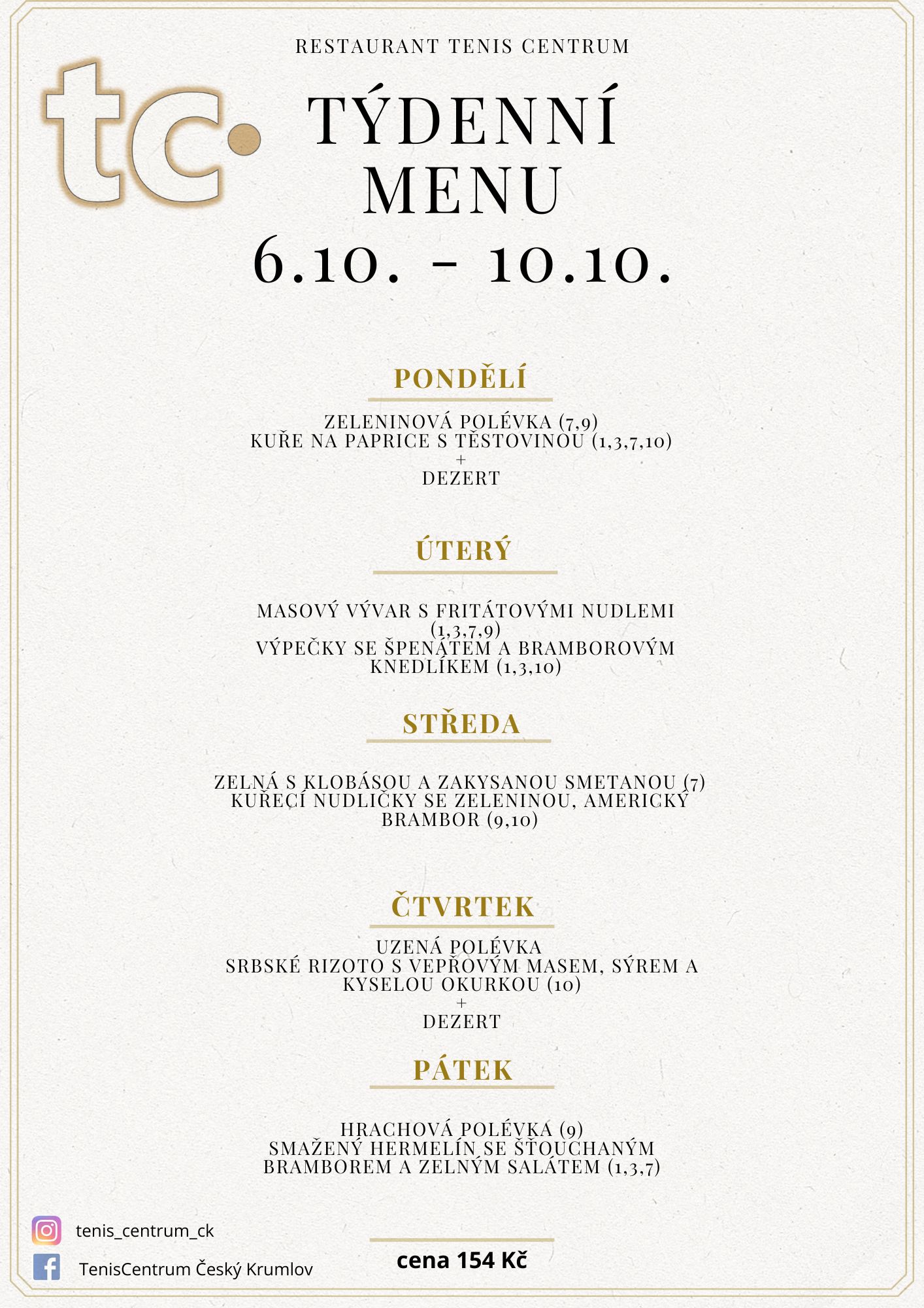 Týdenní menu Restaurace TenisCentrum