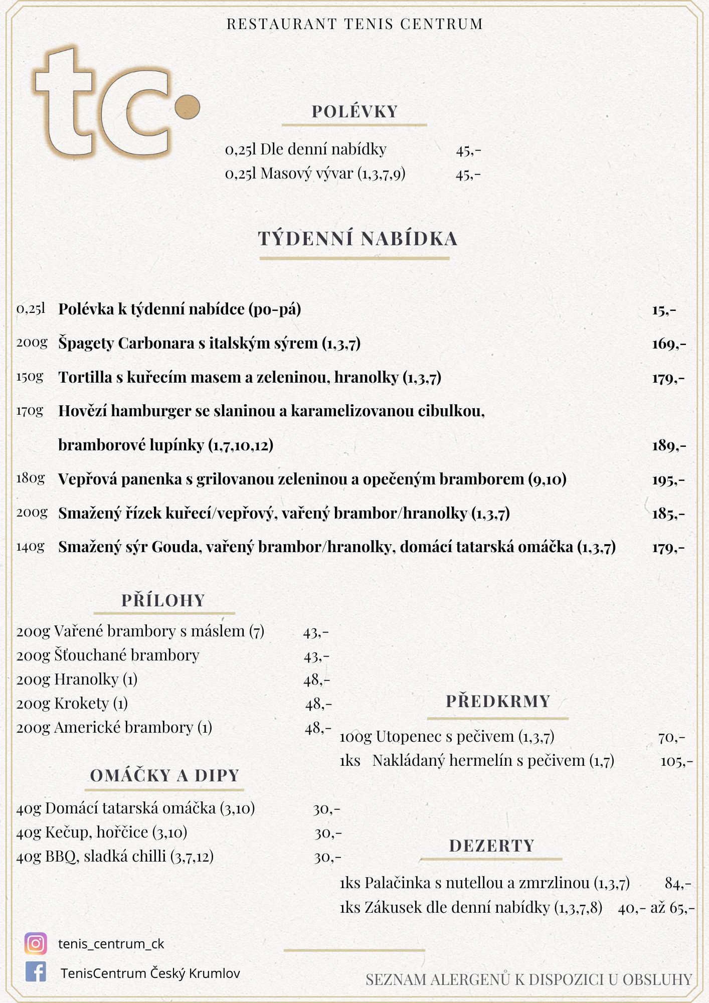 Speci&aacute;ln&iacute; nab&iacute;dka Restaurace TenisCentrum