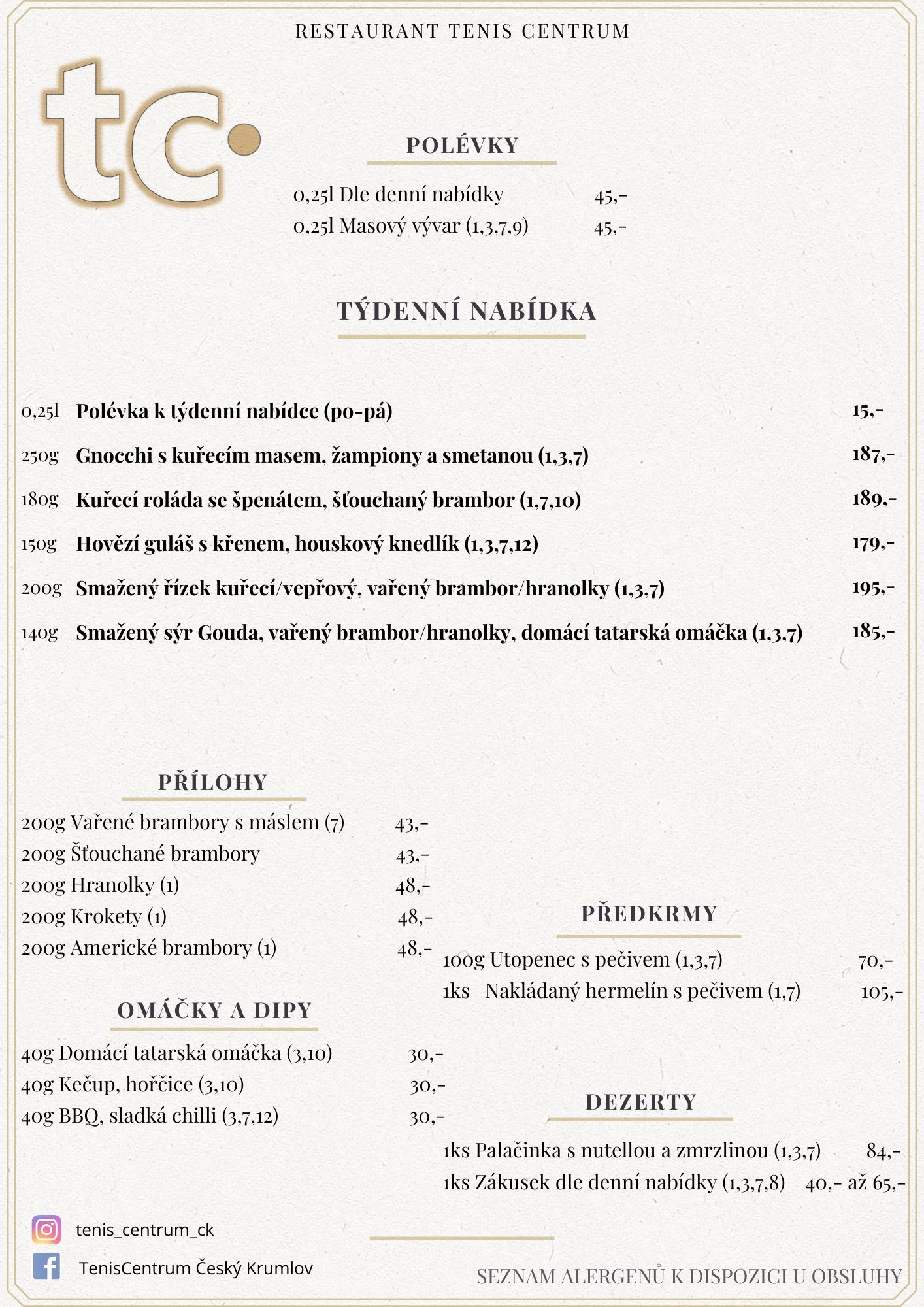 Speci&aacute;ln&iacute; nab&iacute;dka Restaurace TenisCentrum