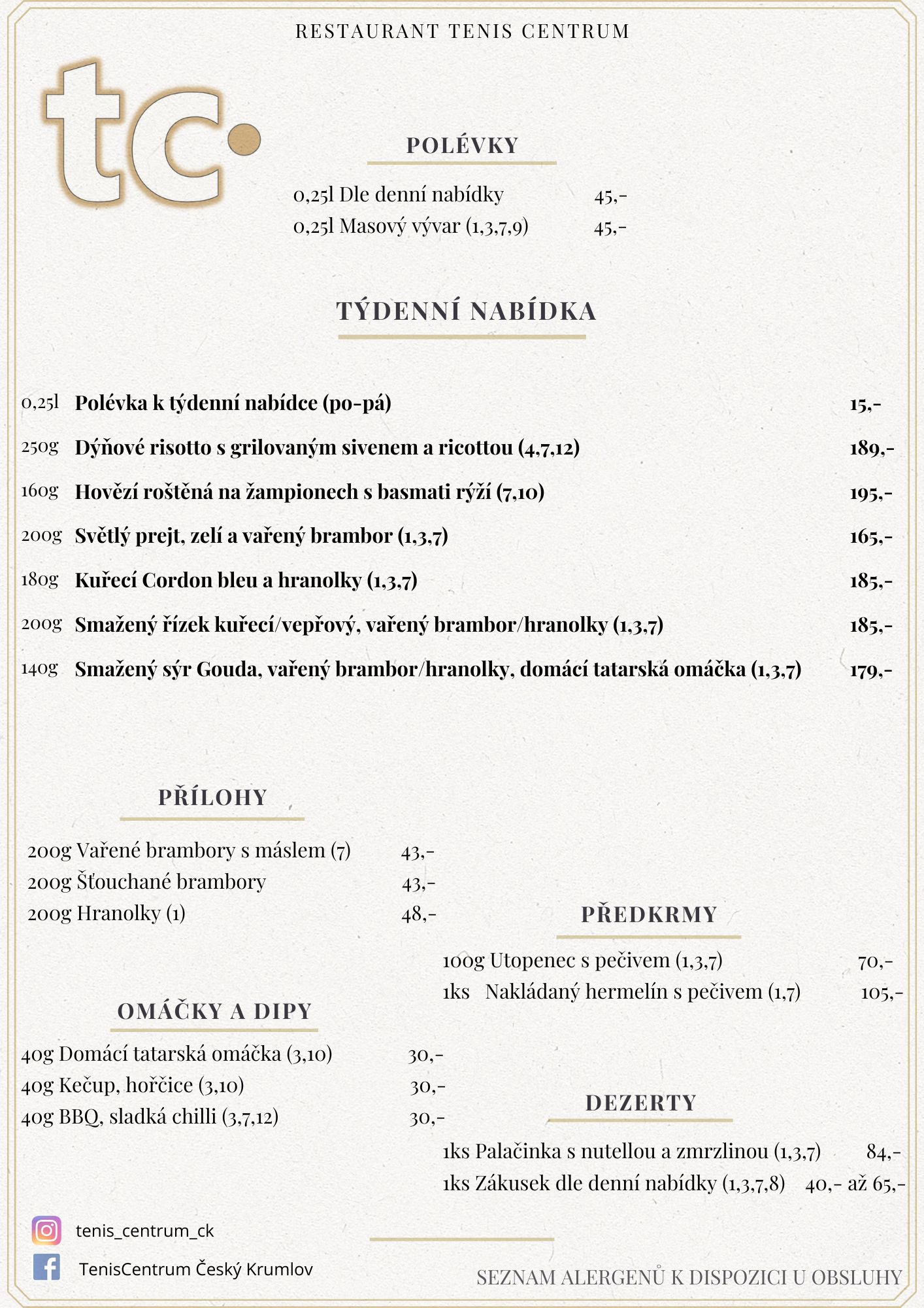 Speciální nabídka Restaurace TenisCentrum