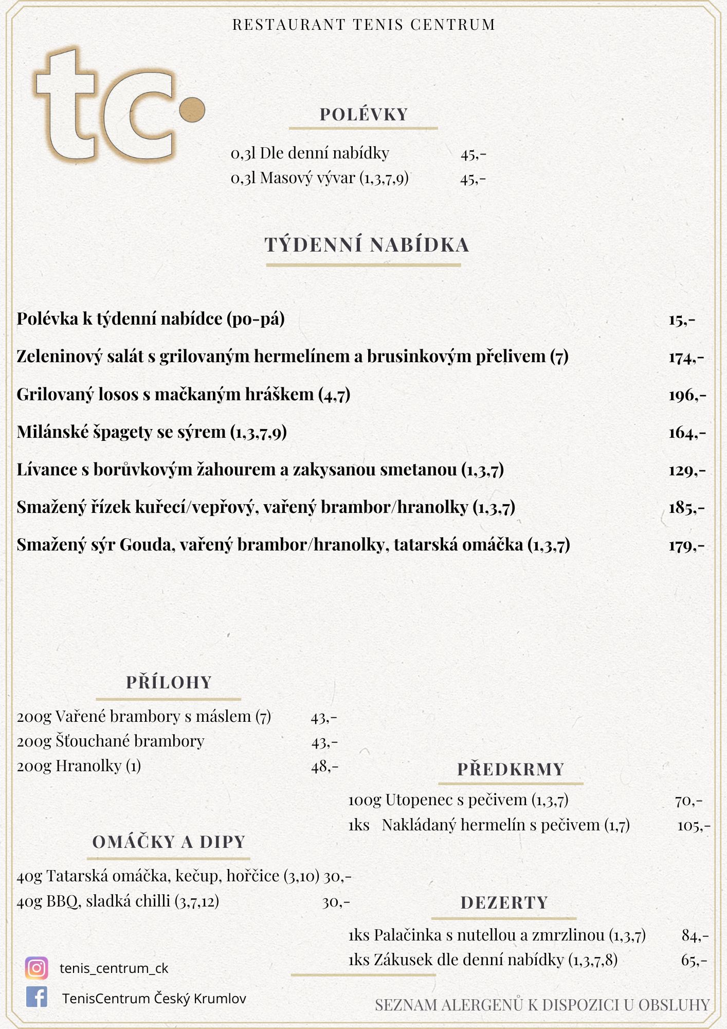 Speciální nabídka Restaurace TenisCentrum