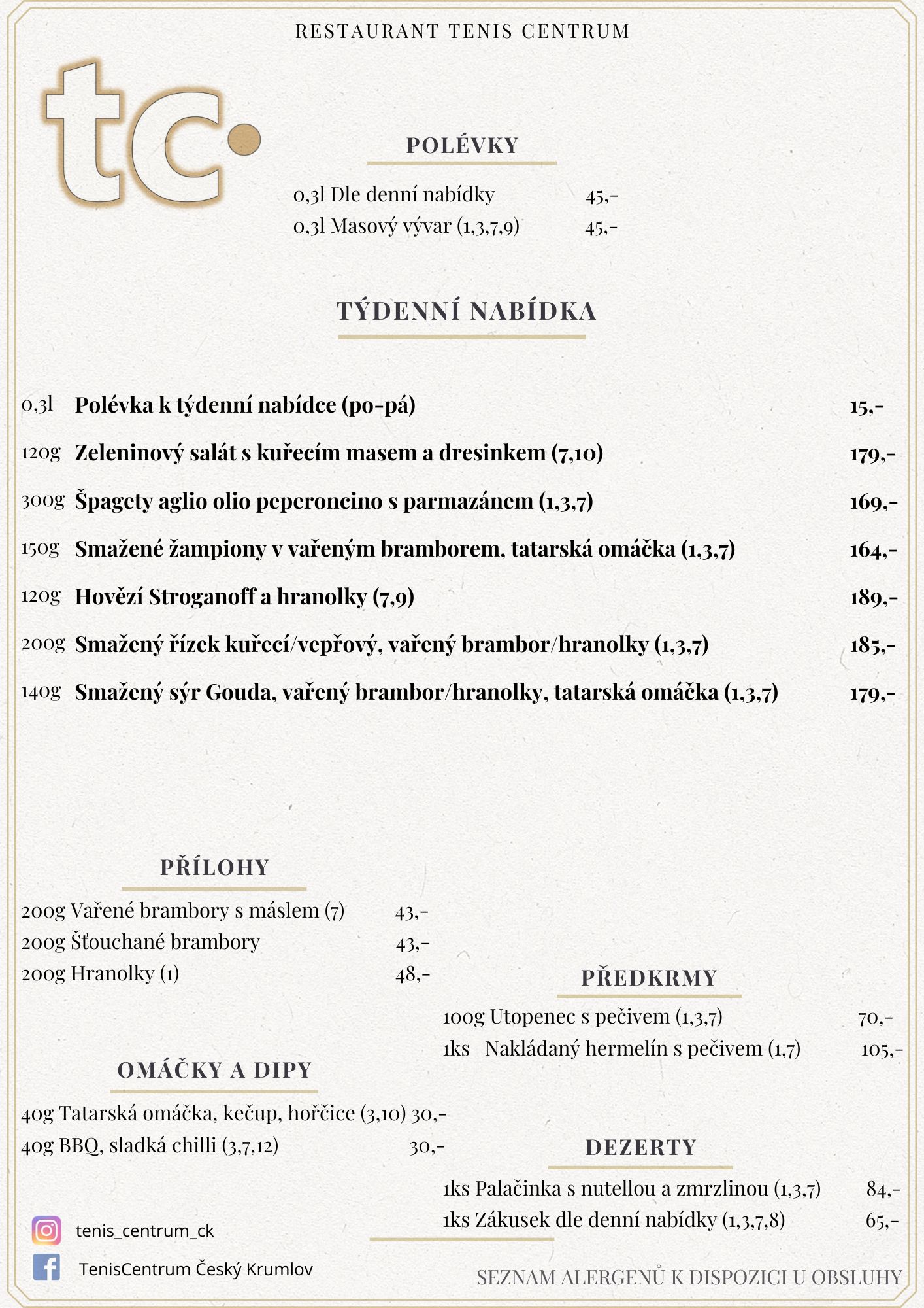 Speciální nabídka Restaurace TenisCentrum