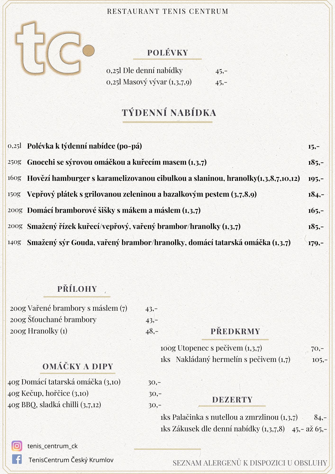 Speciální nabídka Restaurace TenisCentrum