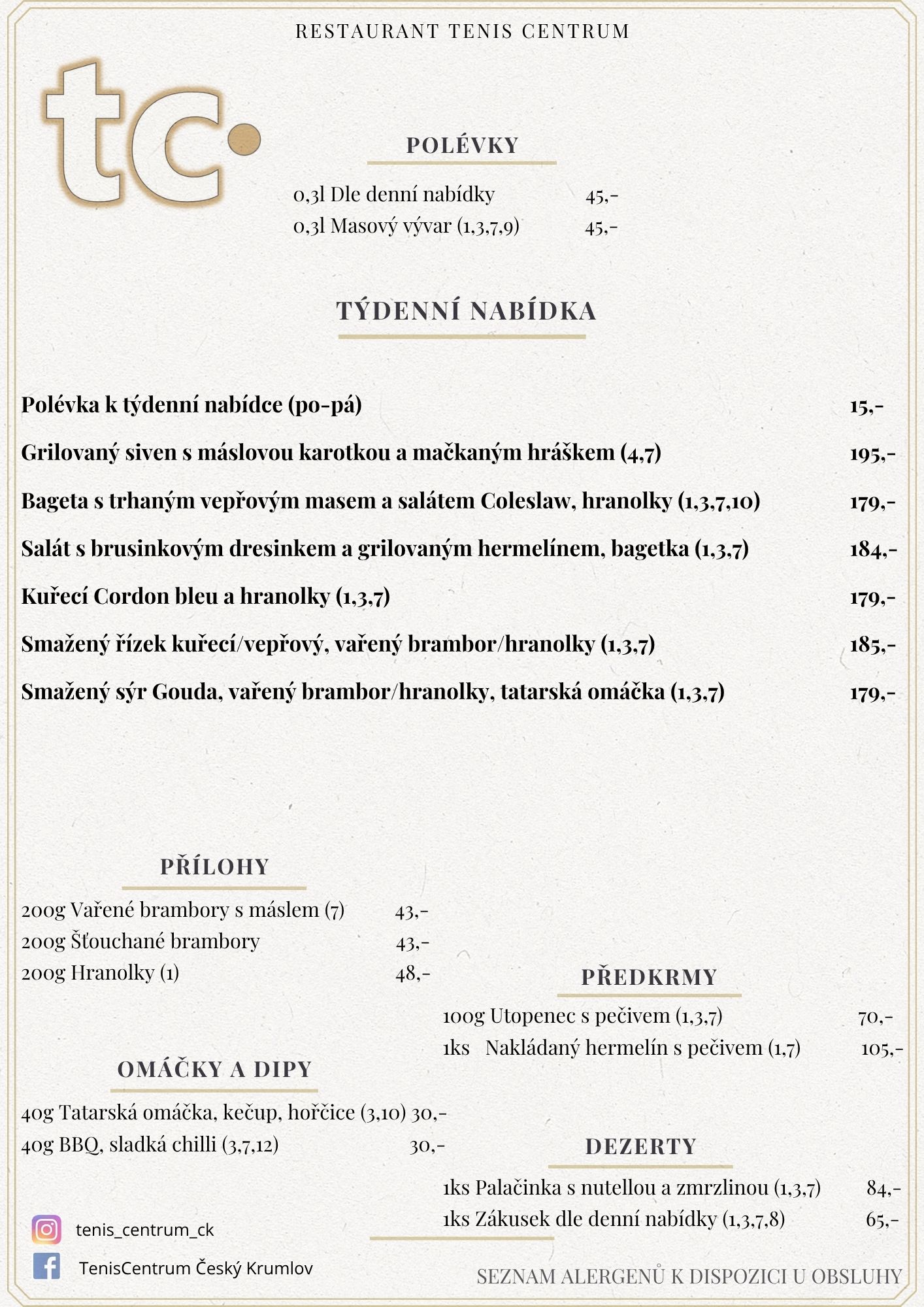 Speciální nabídka Restaurace TenisCentrum
